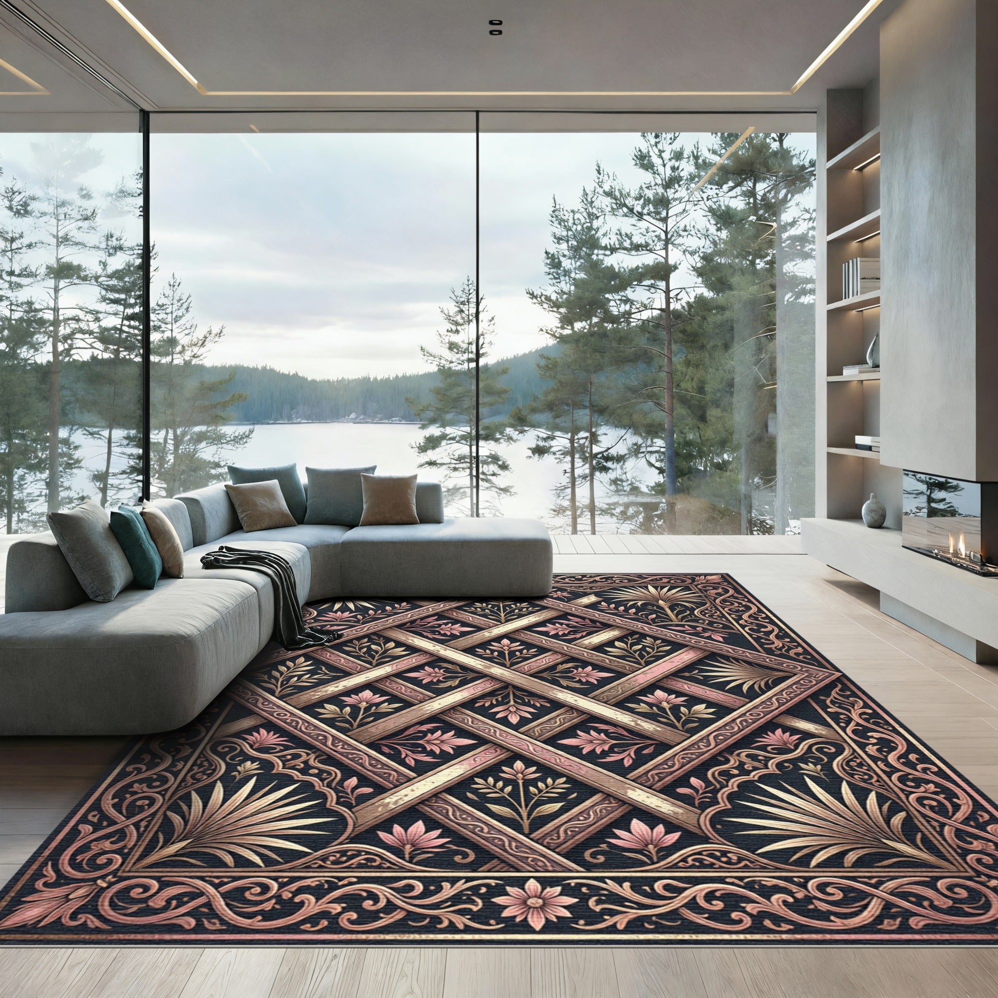 Ornate Rose Gold Trellis Floral Rug