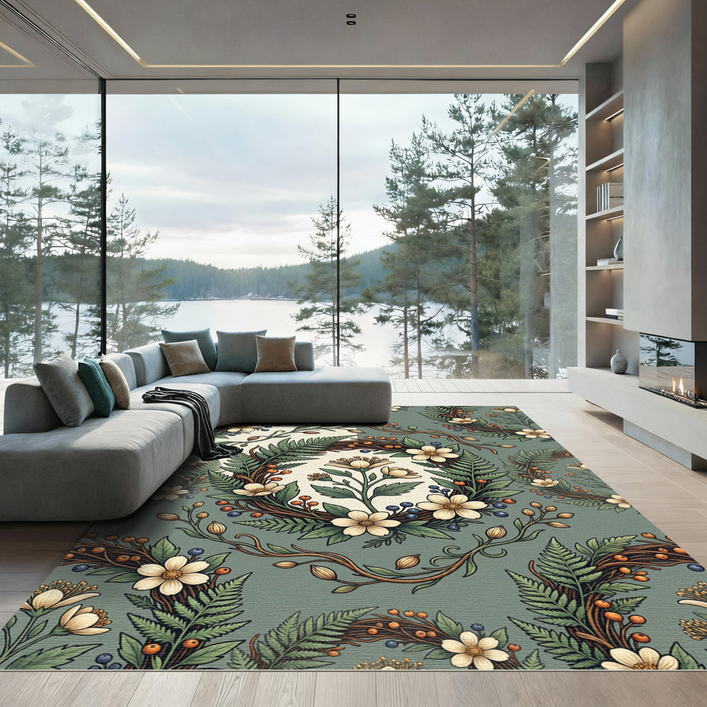 Sage Green Botanical Fern Wreath Rug