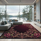Ornate Crimson Rose Scrollwork Border Rug
