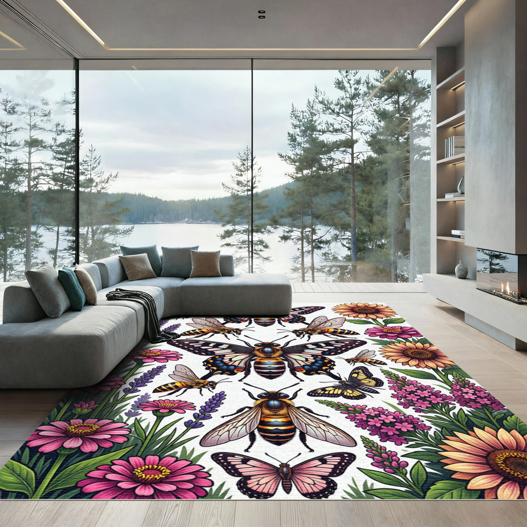 Whimsical Floral Butterfly and Bee Meadow Rug