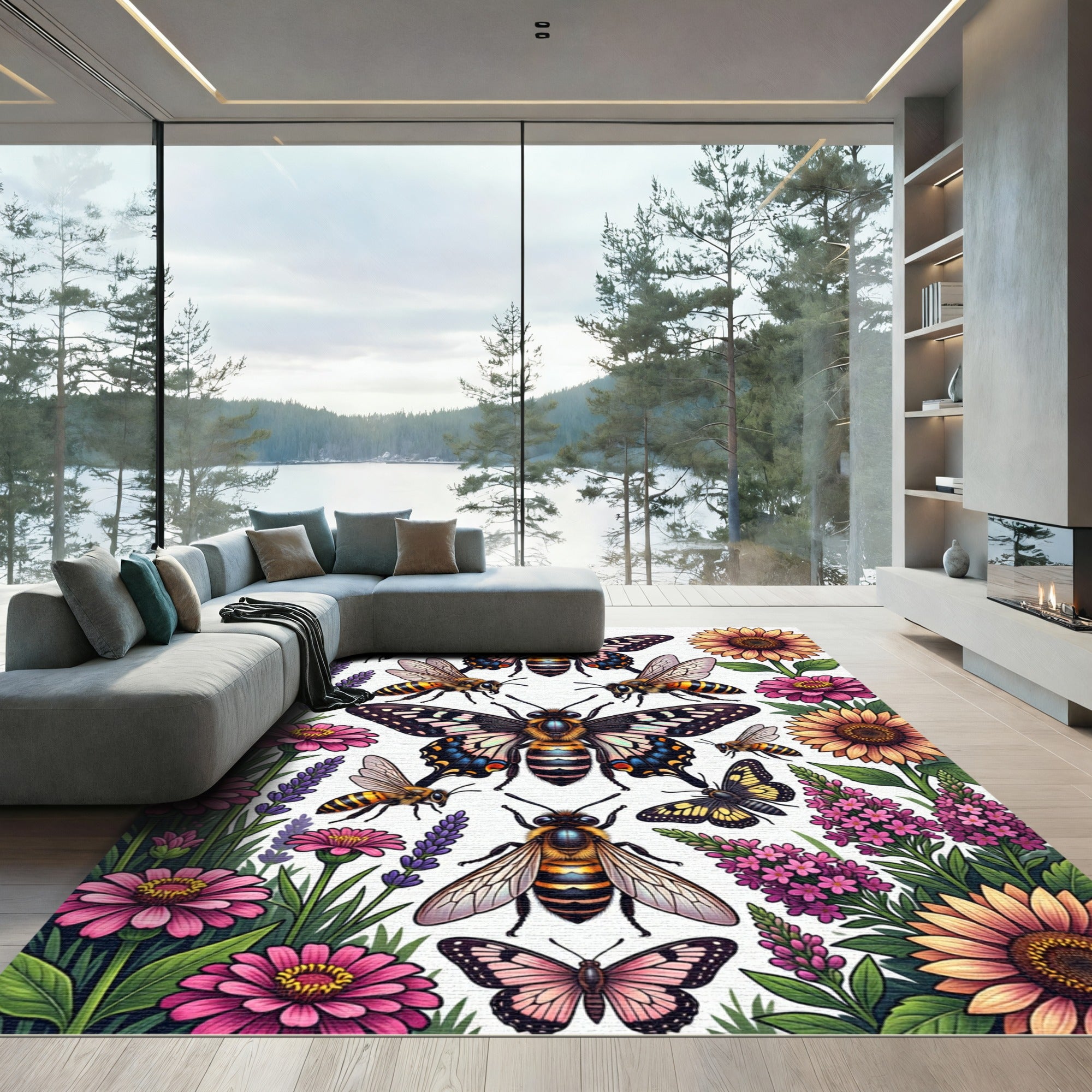 Whimsical Floral Butterfly and Bee Meadow Rug