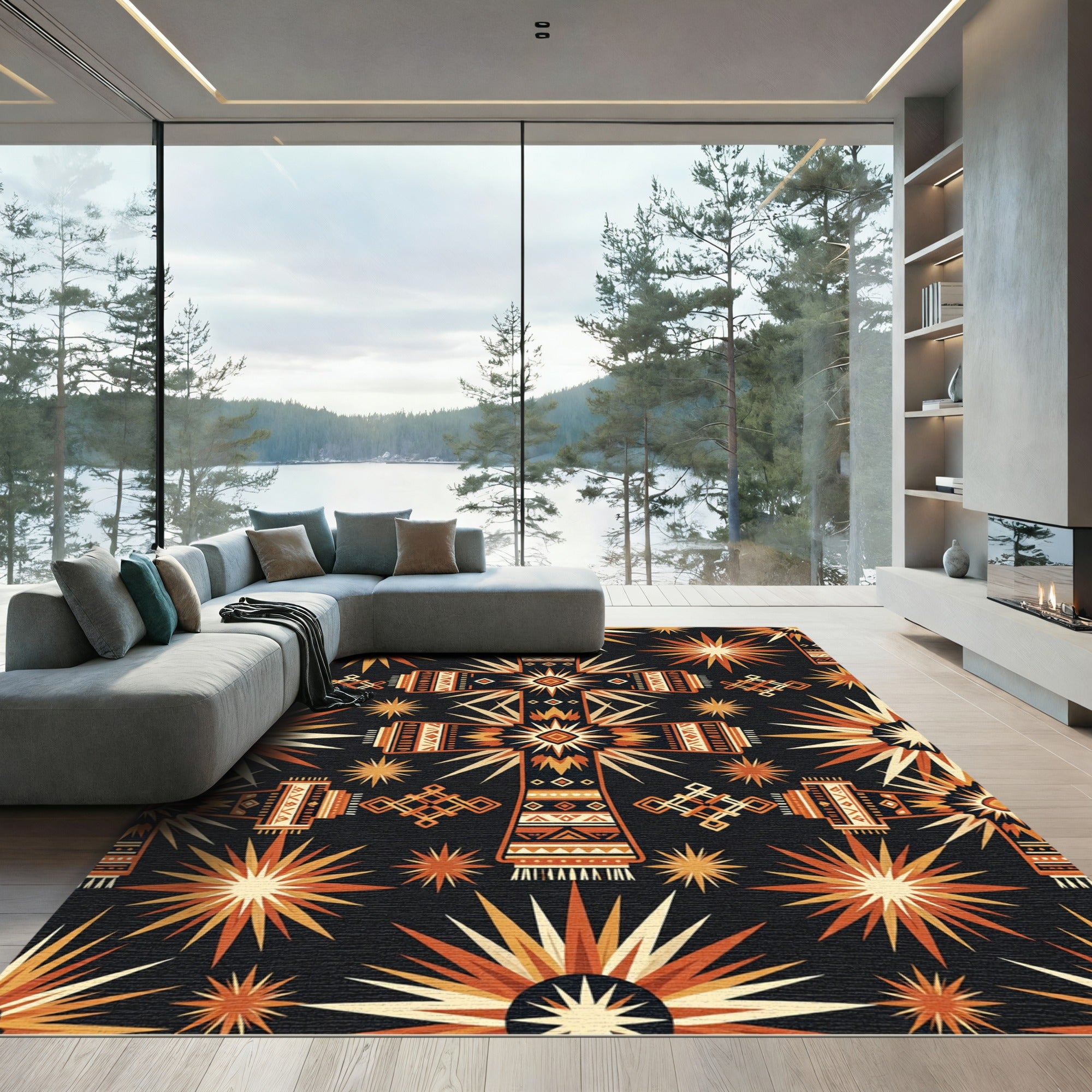 Earthy Geometric Celestial Cross Art Rug