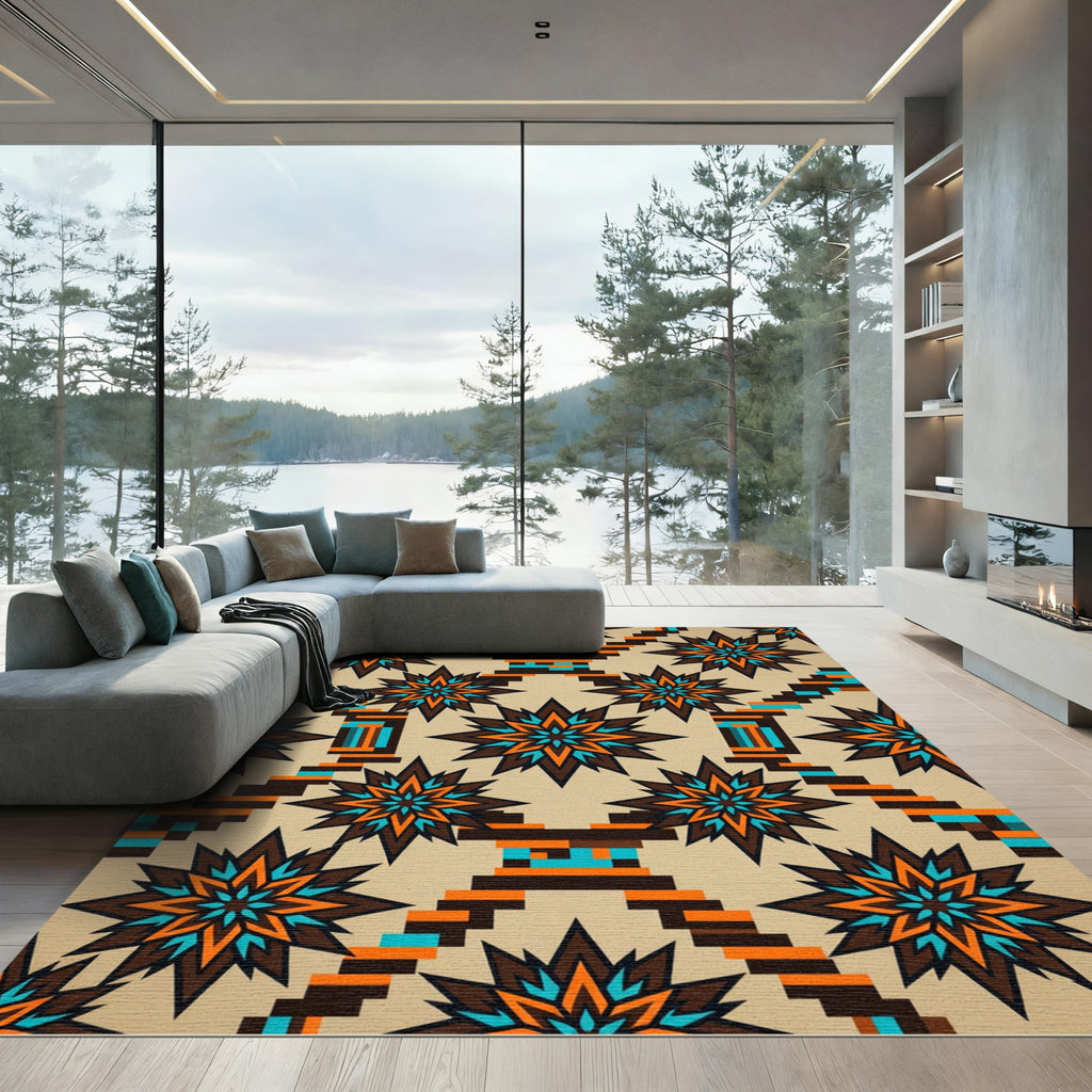 Geometric Starburst Teal Orange Brown Rug