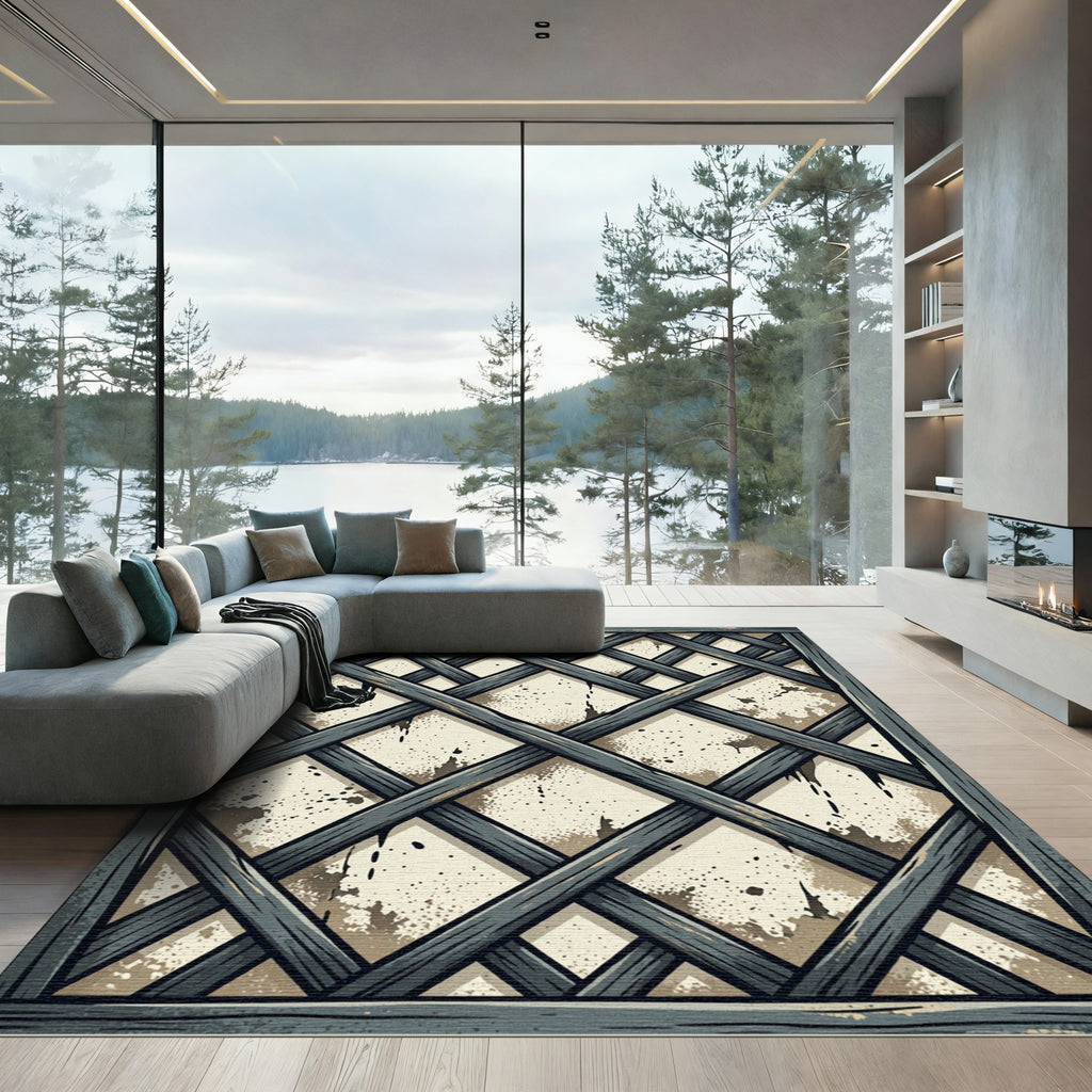 Rustic Gray Wood Lattice Diamonds Rug