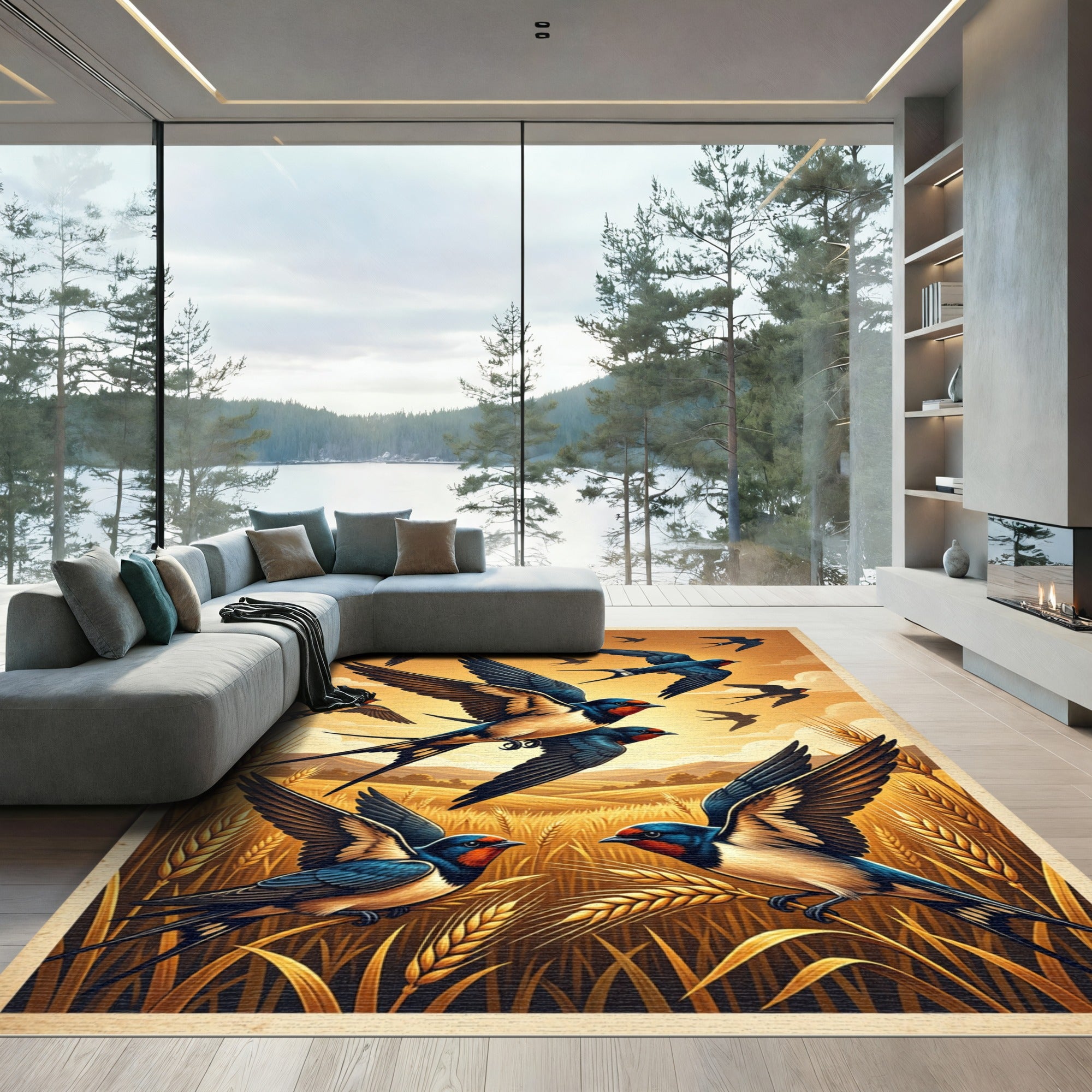 Golden Wheat Field with Flying Swallows Rug