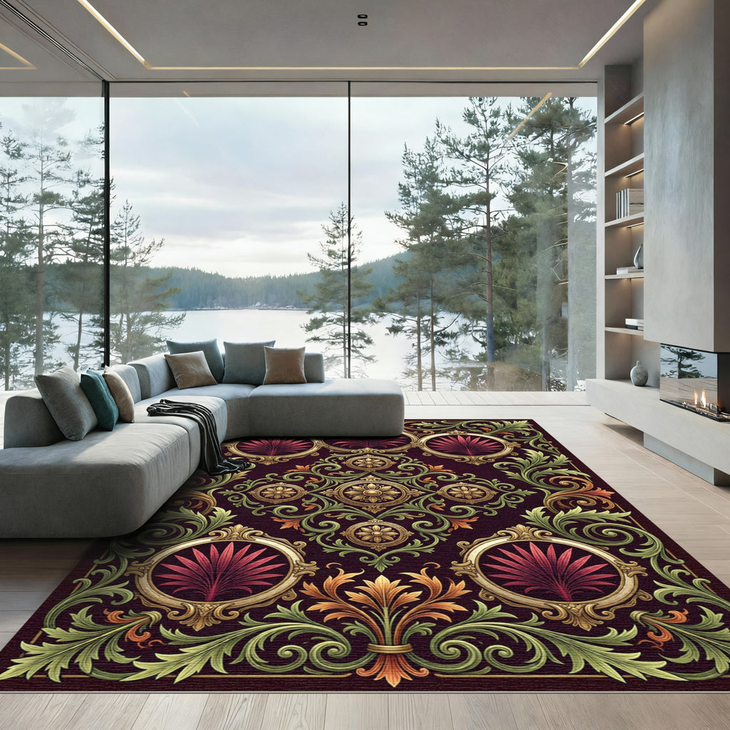 Plum Green Gold Filigree Floral Medallion Rug