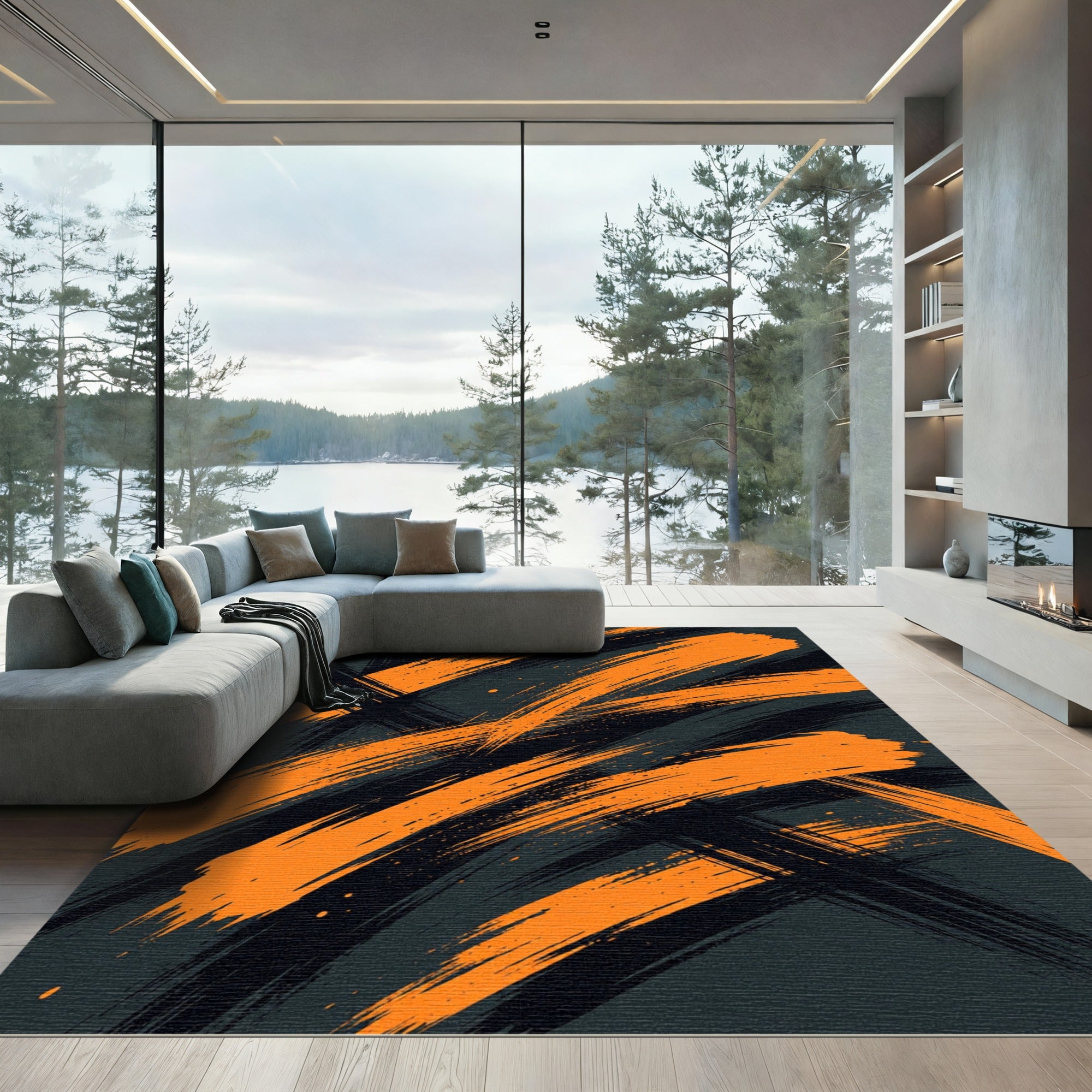 Bold Orange and Black Abstract Brushstroke Rug