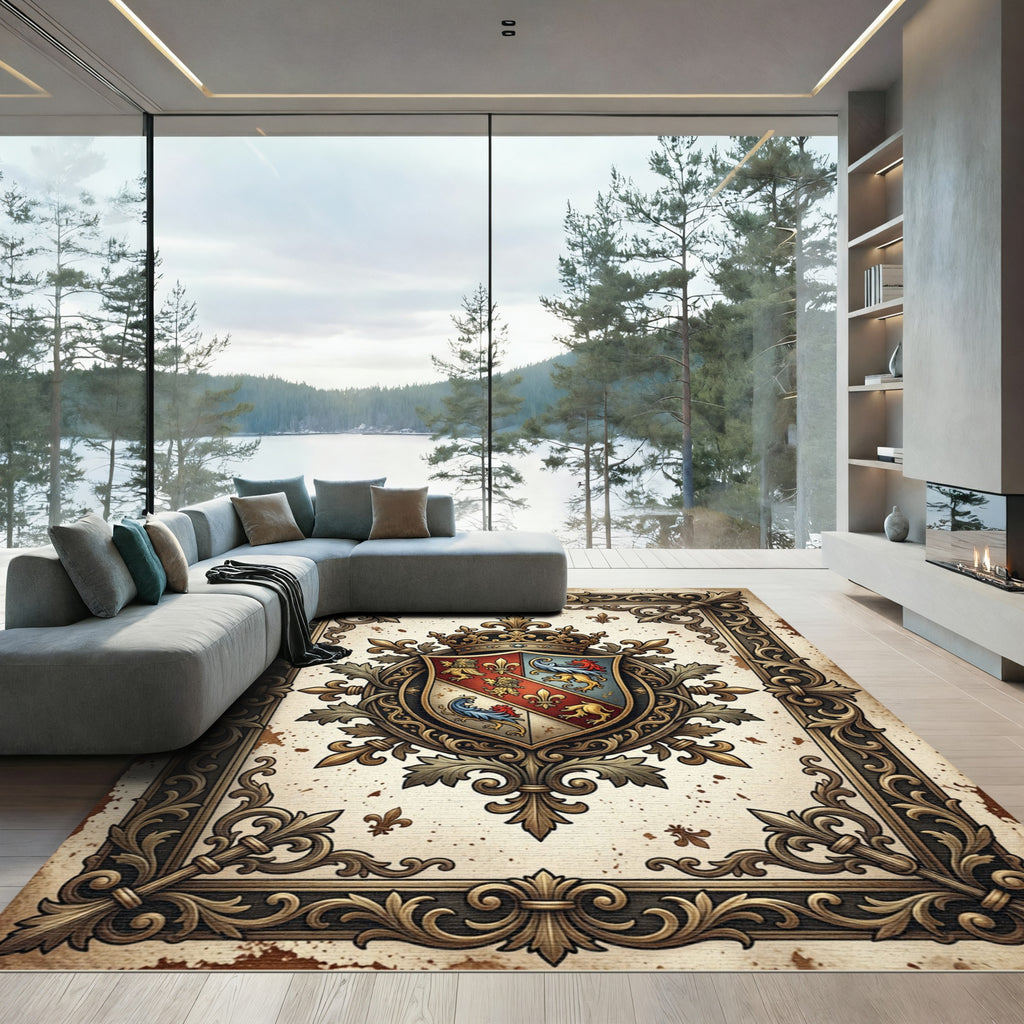 Ornate Golden Royal Crest Medallion Rug