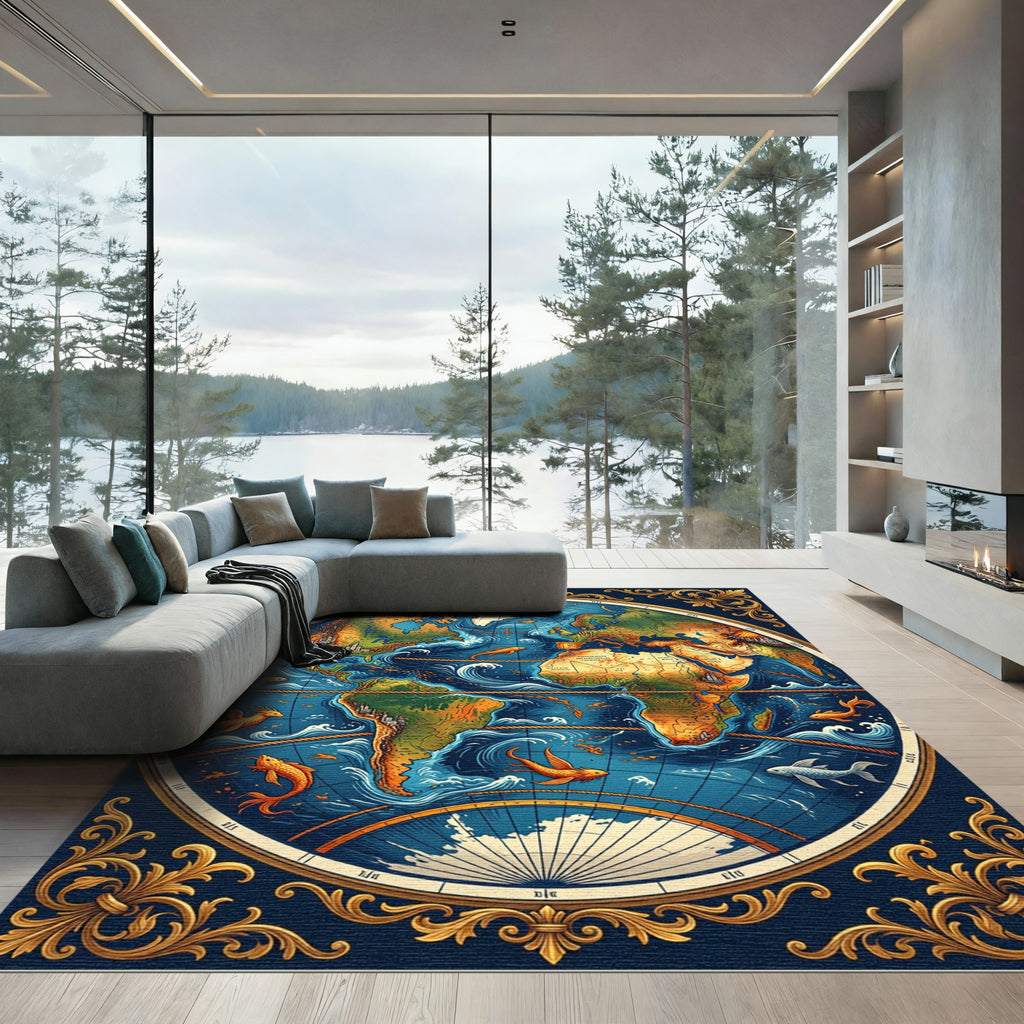 Antique Ocean Globe Mythical Creatures Rug