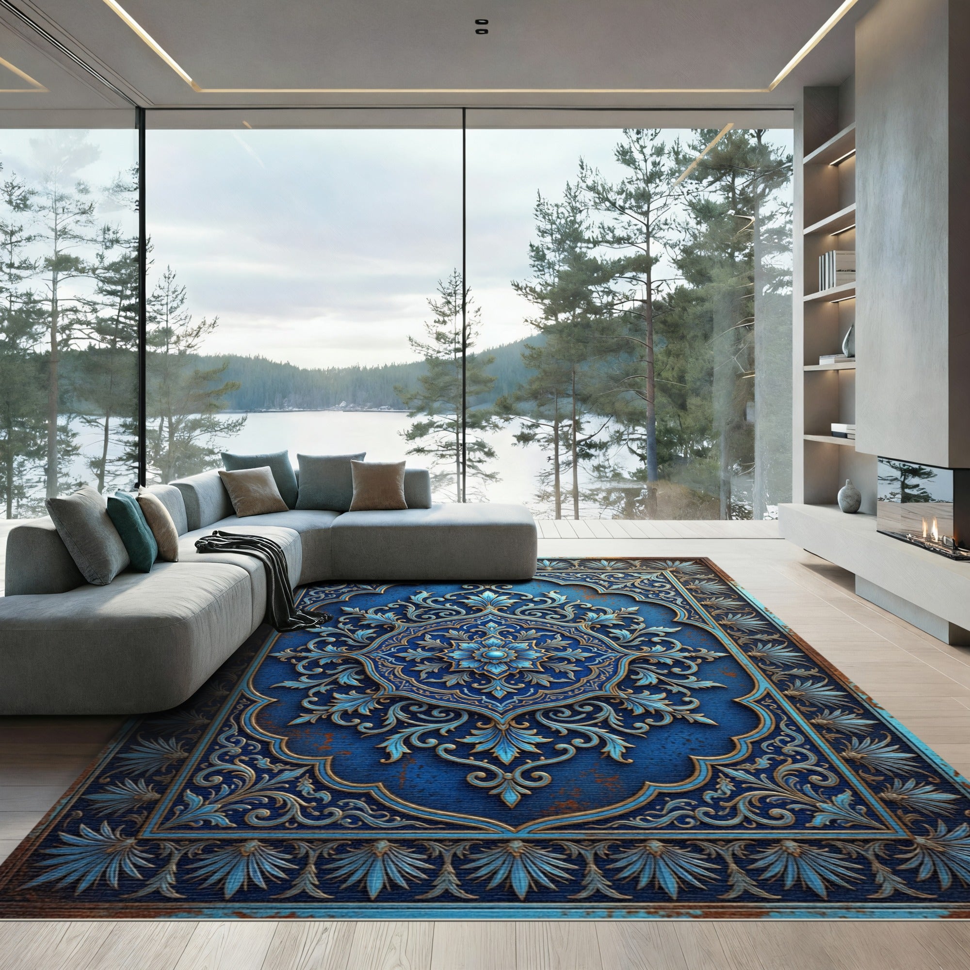 Ornate Royal Blue Filigree Scroll Medallion Rug