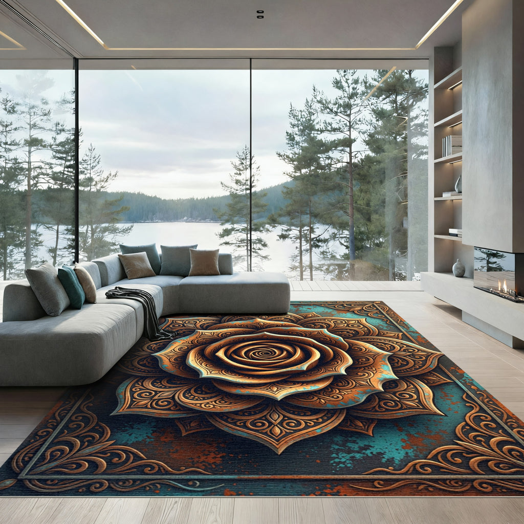Ornate Metallic Bronze Floral Mandala Rug