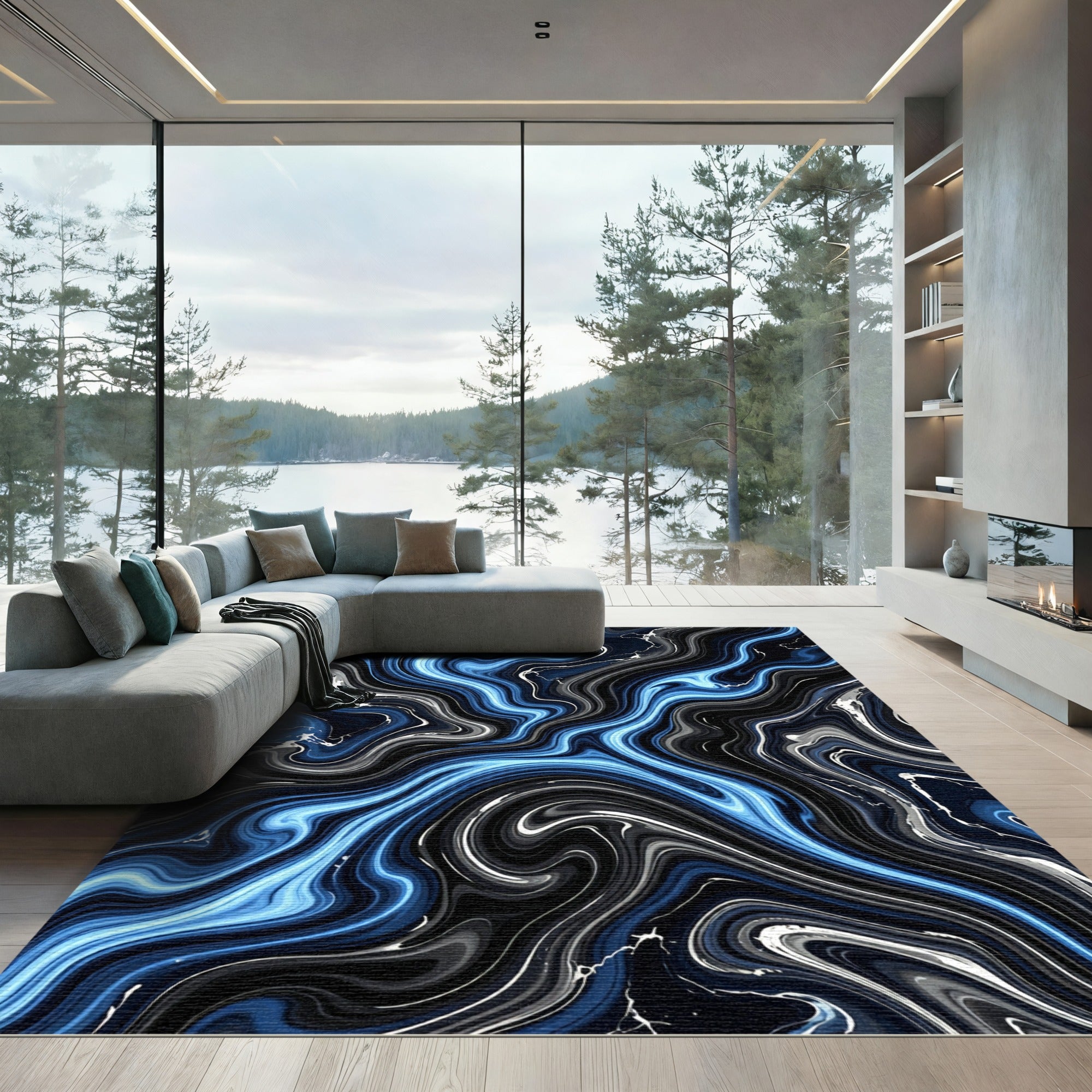Metallic Blue and Black Liquid Swirl Rug