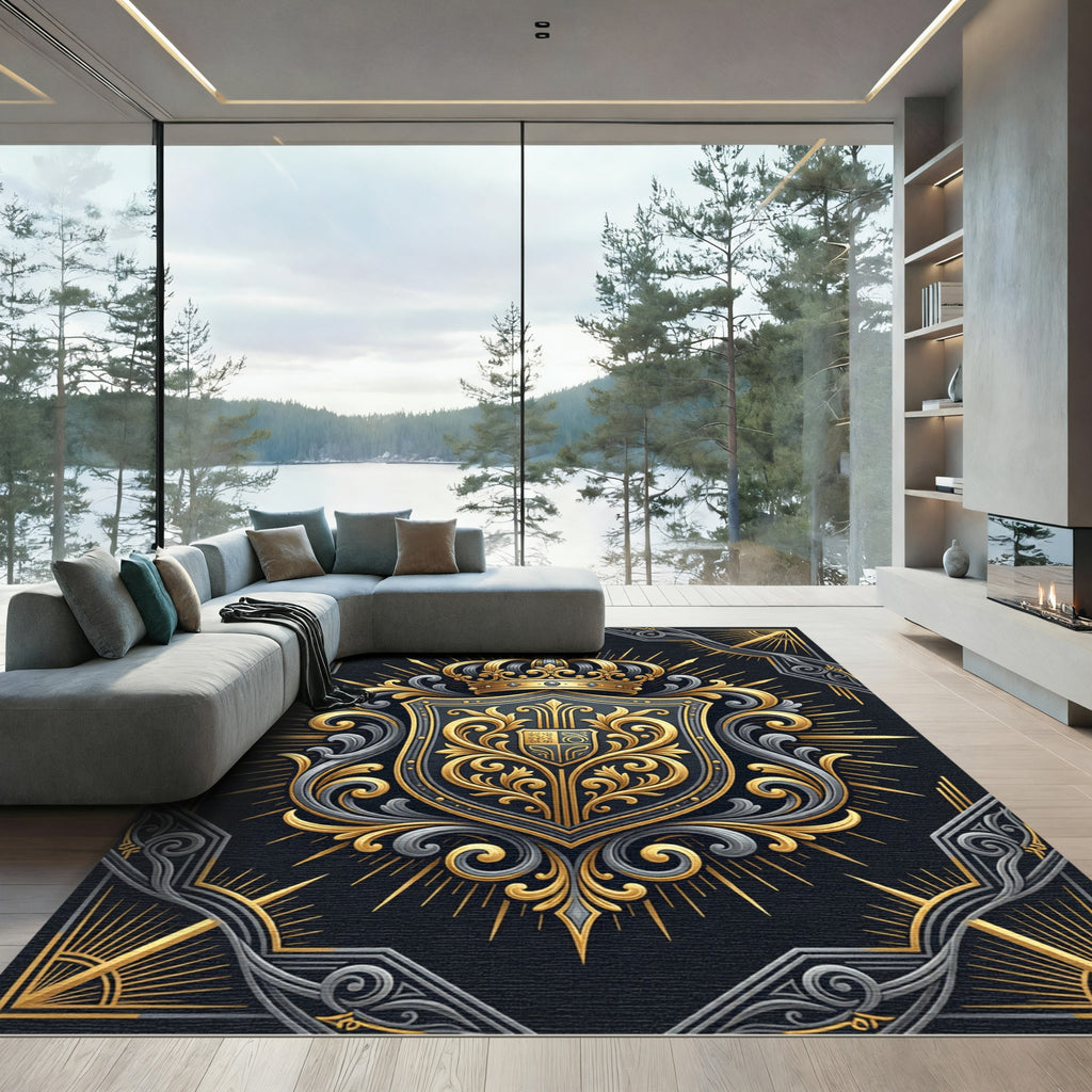 Ornate Royal Black and Gold Crest Rug