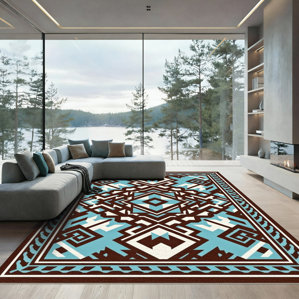 Brown Aqua Geometric Abstract Statement Rug