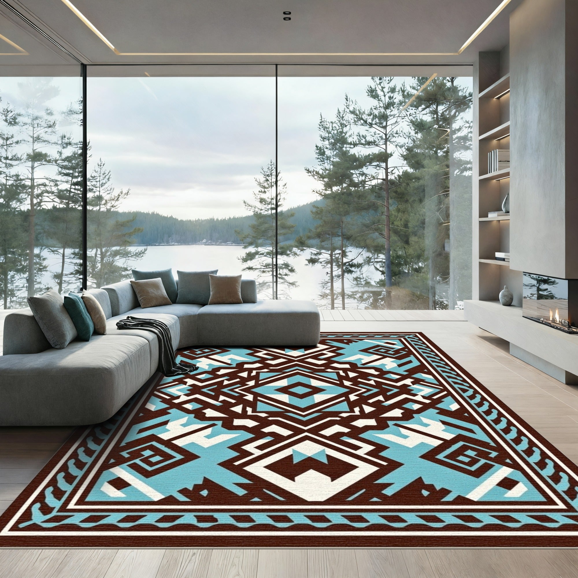 Brown Aqua Geometric Abstract Statement Rug
