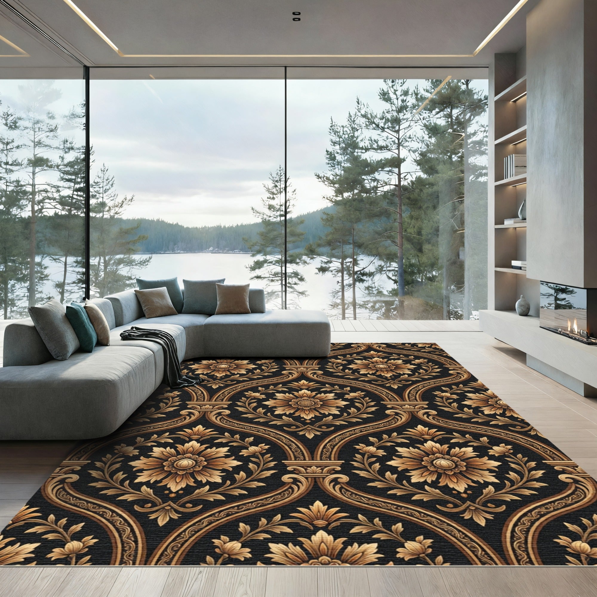 Ornate Gold Floral Damask Pattern Rug