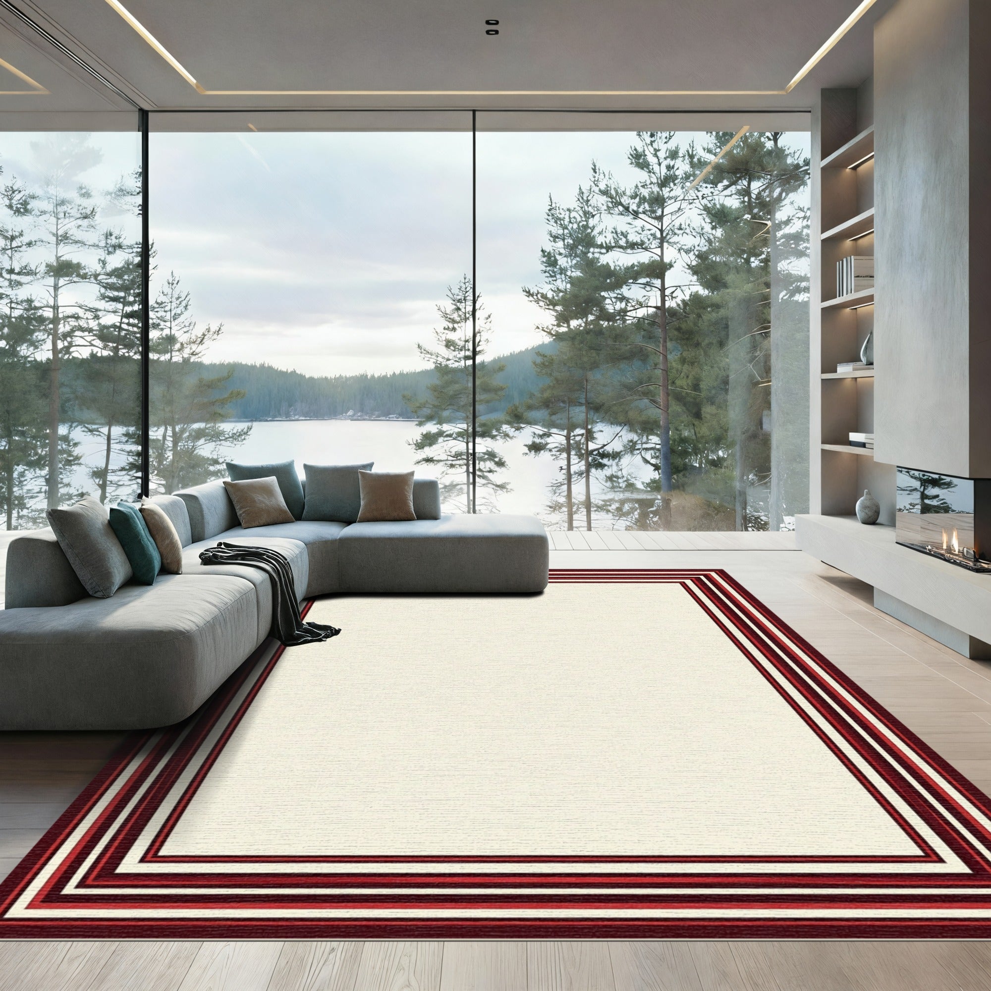 Crimson Layered Geometric Border Rug