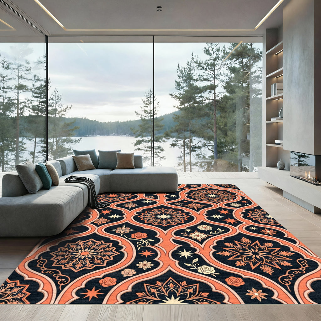 Coral And Navy Arabesque Medallion Rug