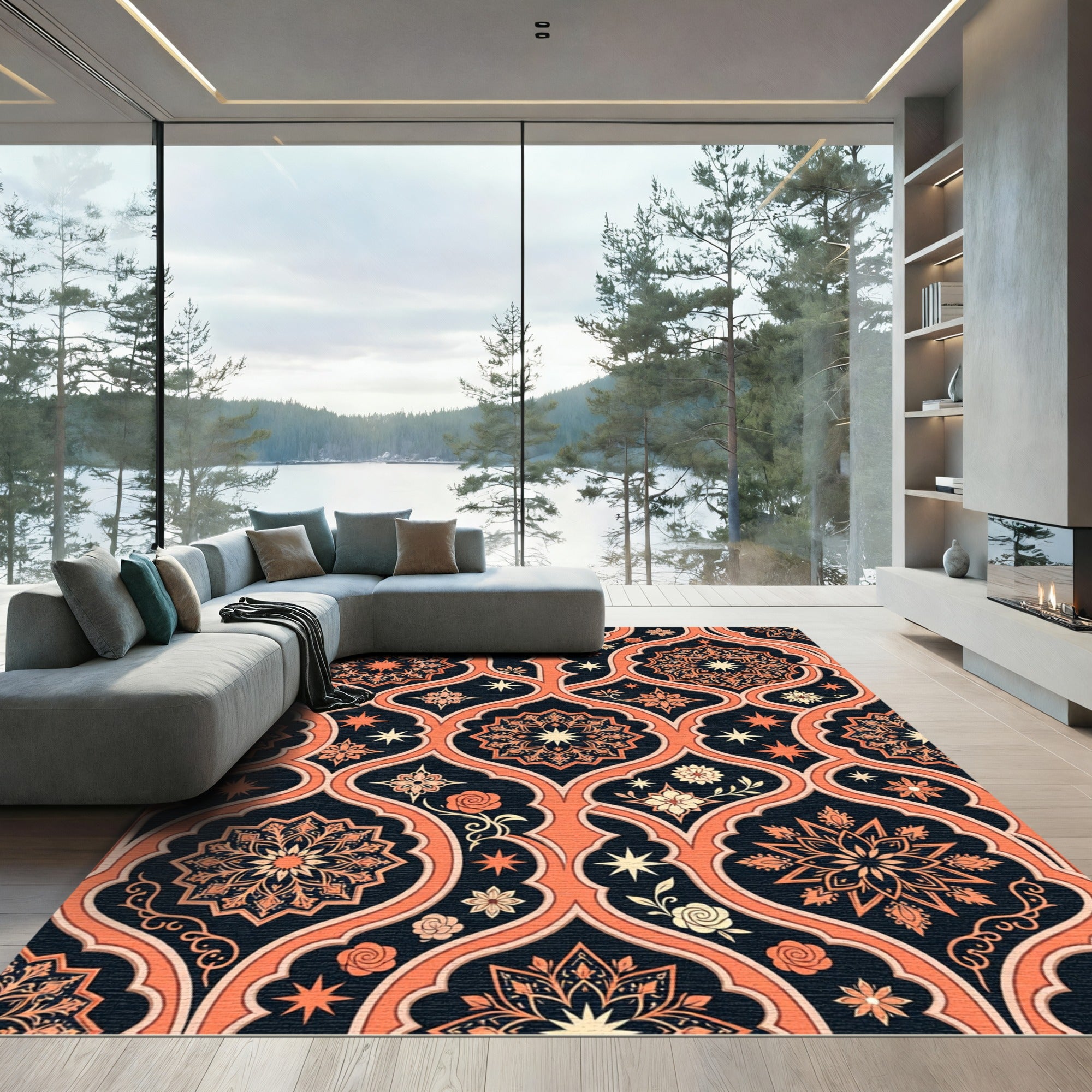 Coral And Navy Arabesque Medallion Rug
