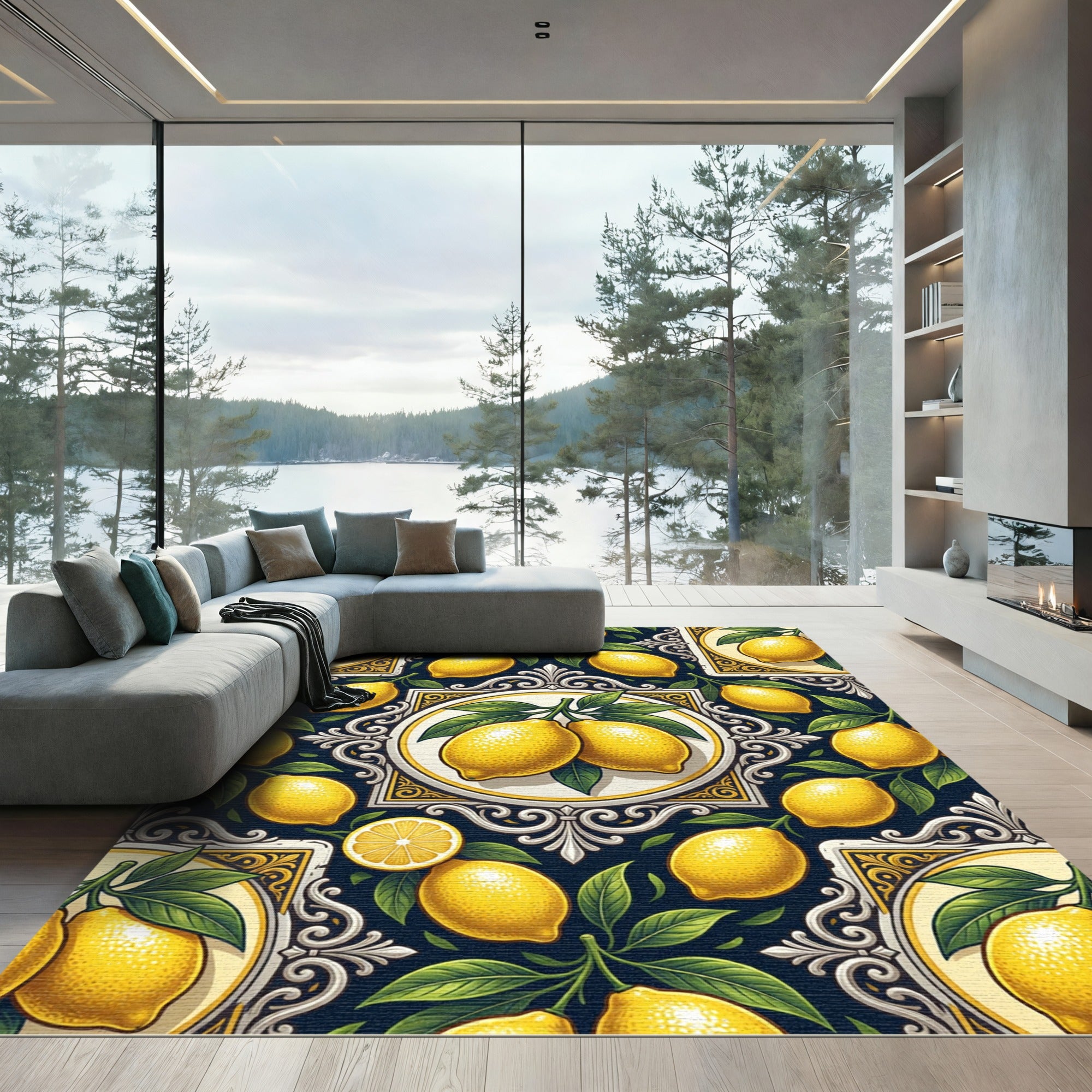 Mediterranean Yellow Lemon Citrus Tile Art Rug