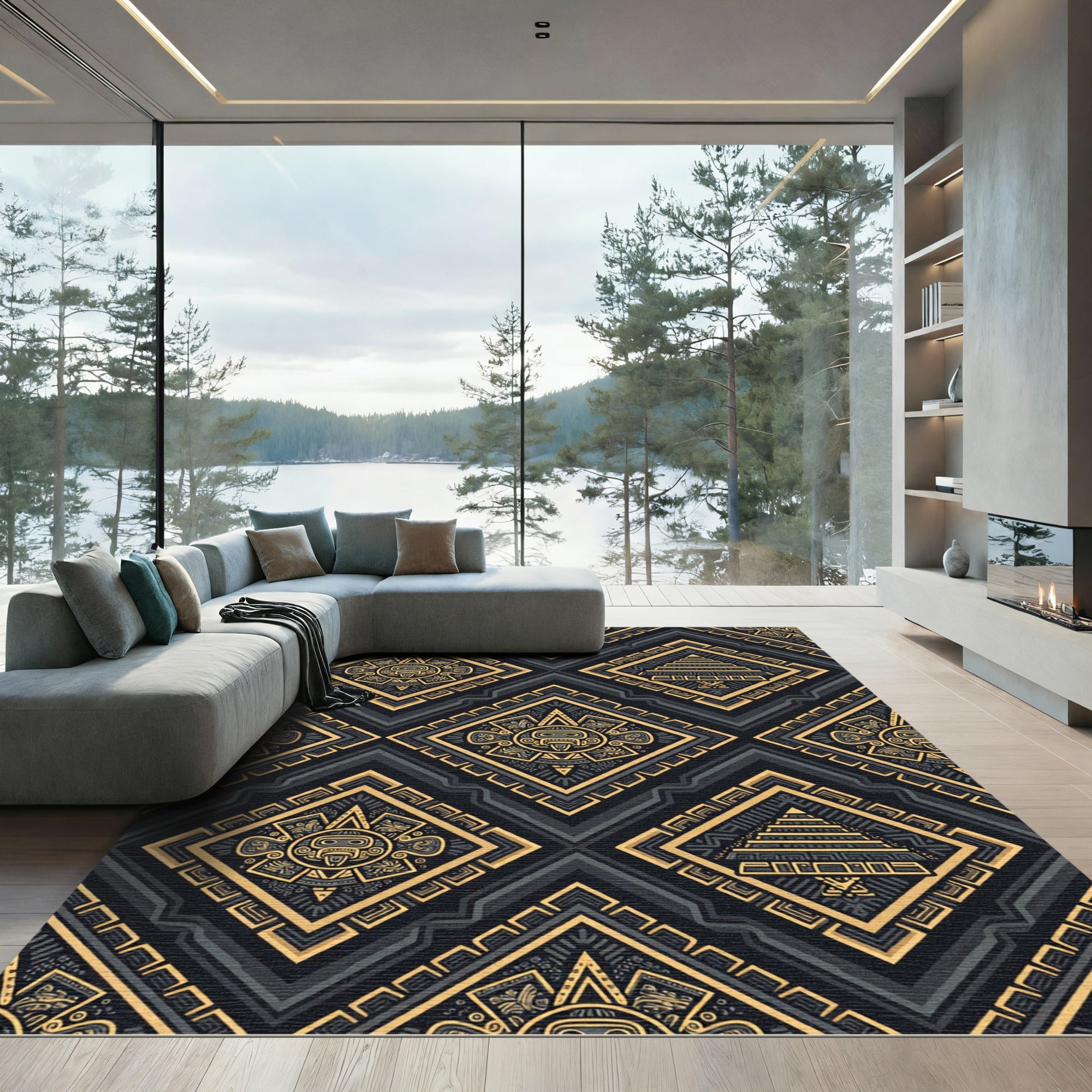 Aztec Golden Sun Pyramid Geometric Coal Rug