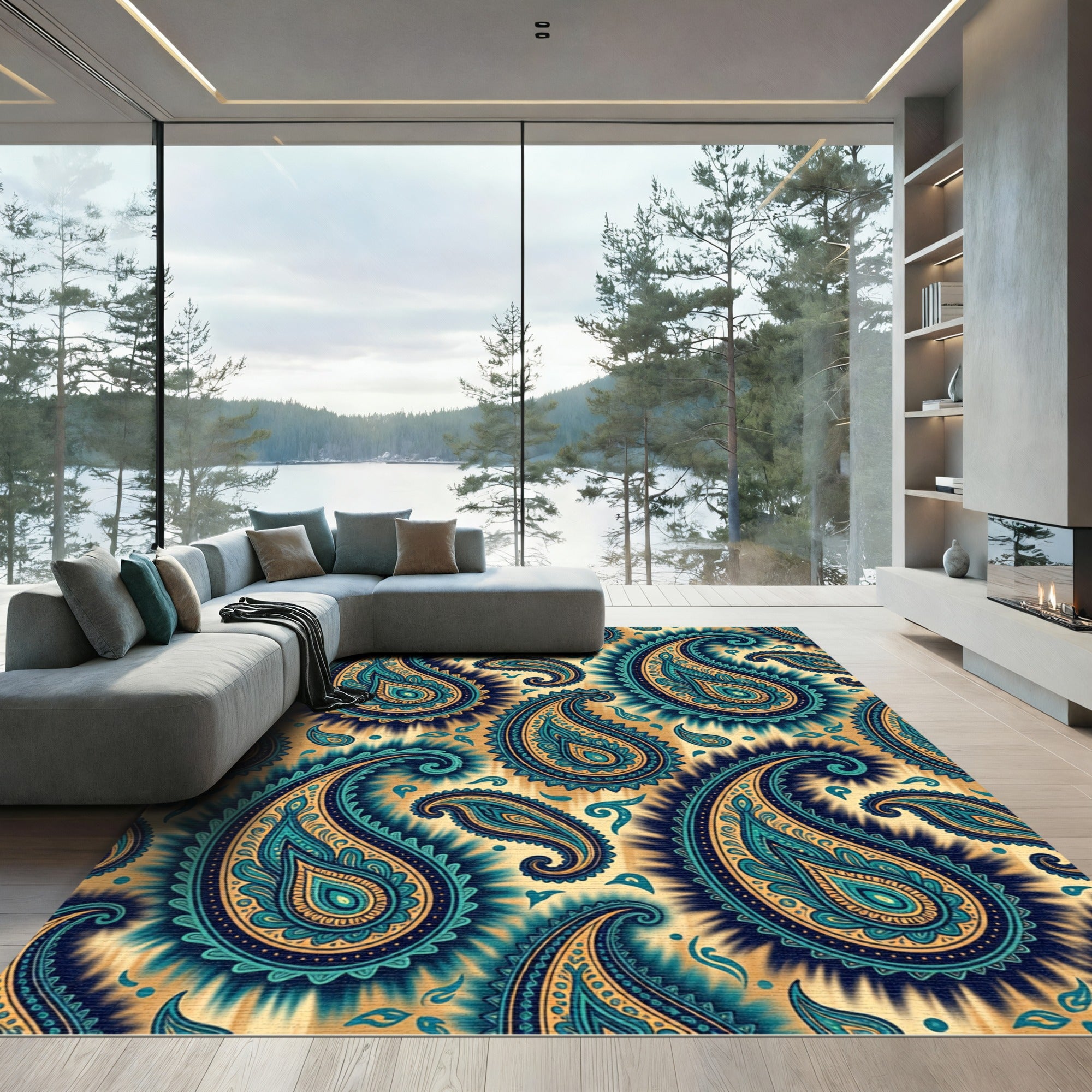 Teal Gold Paisley Detail Rug