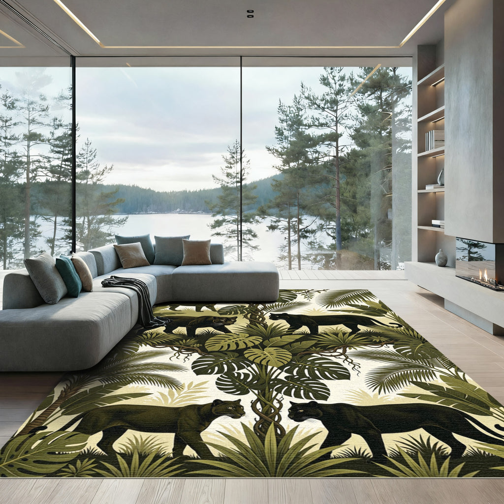 Jungle Panthers Amidst Lush Greenery Rug