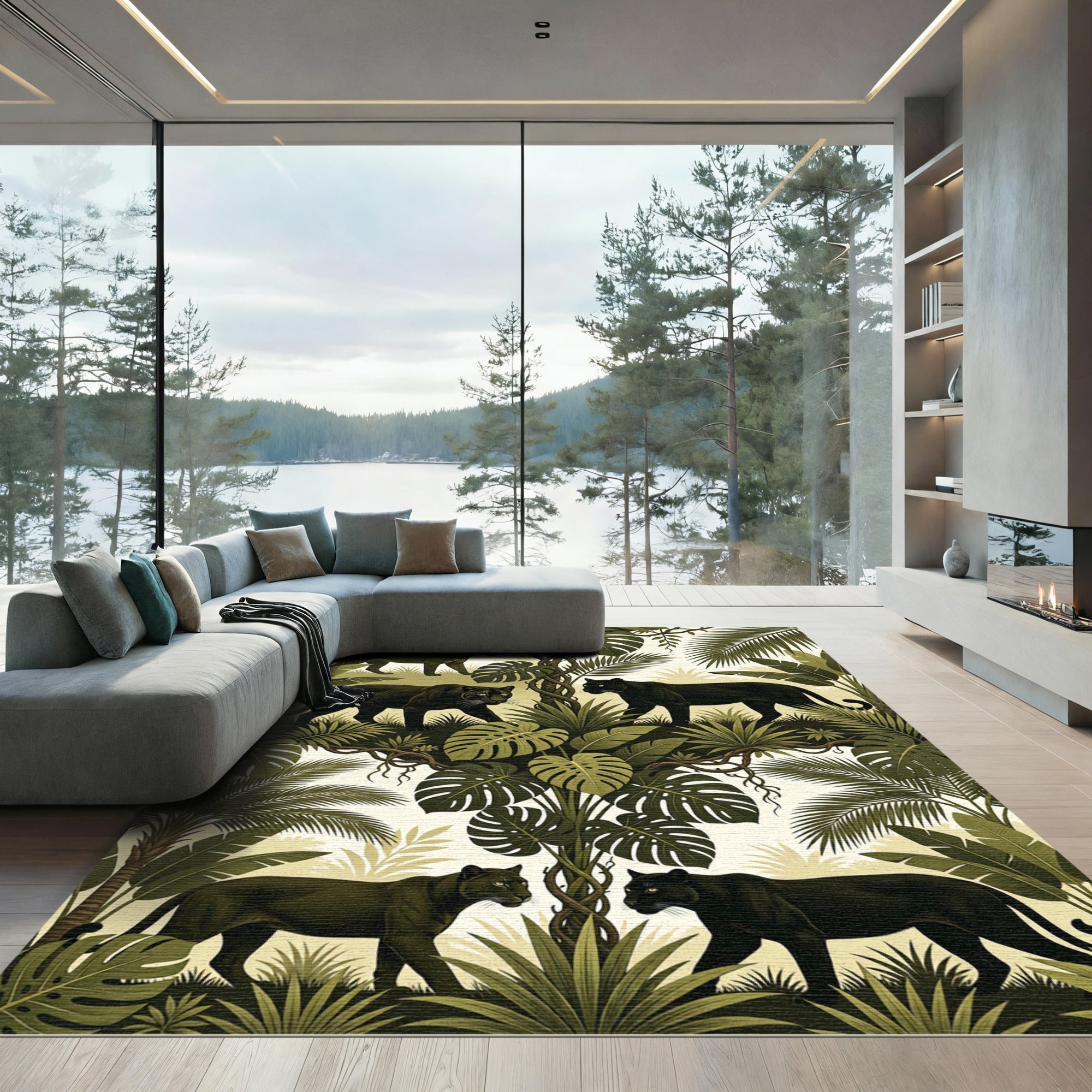 Jungle Panthers Amidst Lush Greenery Rug
