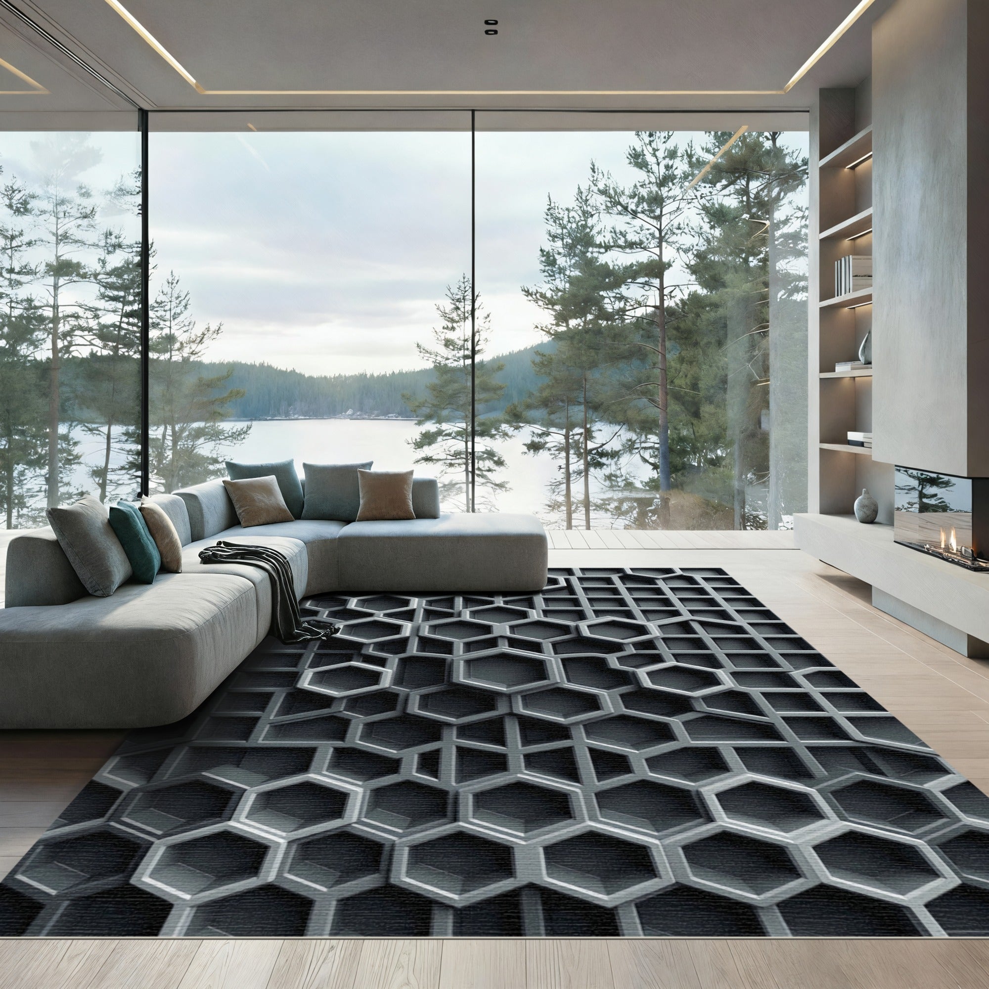 Sophisticated Slate Gray Geometric Hexagon Rug