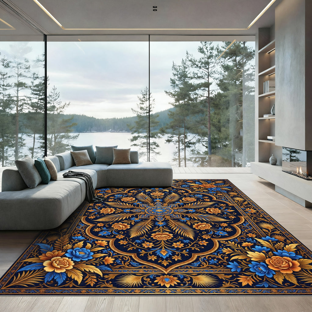 Golden Floral Medallion Indigo Royal Accents Rug