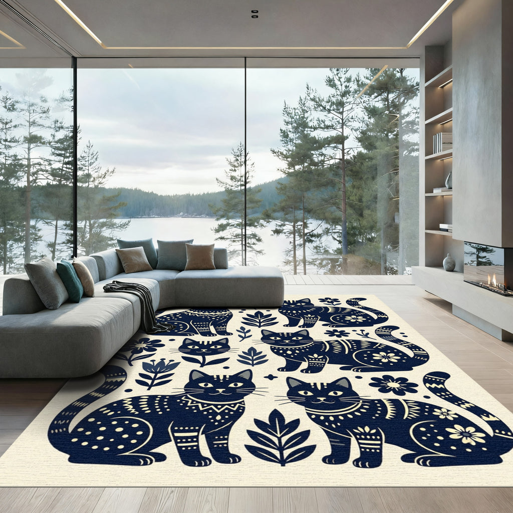 Folklore Navy Cat and Flora Illustration Rug