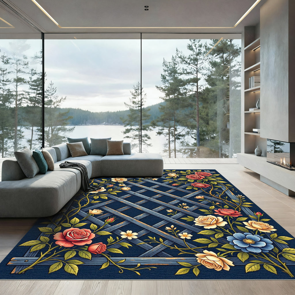 Vintage Rose Trellis Navy Lattice Rug
