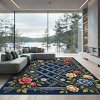 Vintage Rose Trellis Navy Lattice Rug
