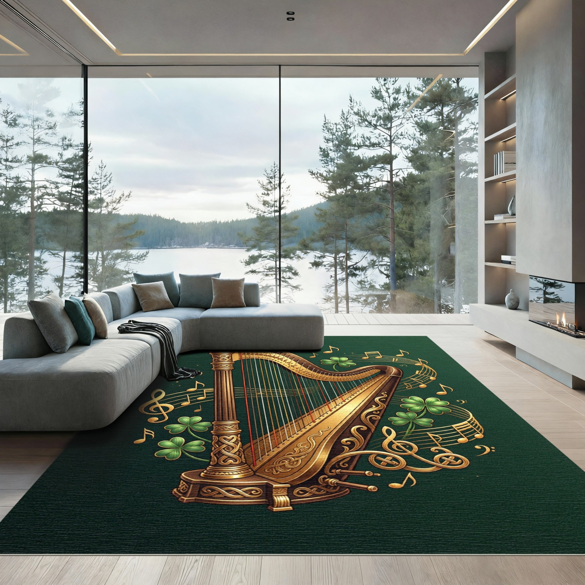 Golden Celtic Harp with Emerald Shamrocks Rug