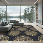 Gold Aztec Calendar Circular Black Rug