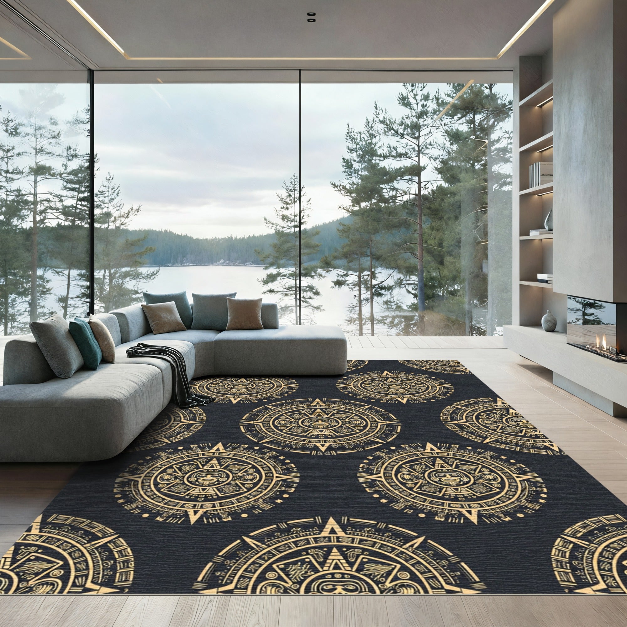 Gold Aztec Calendar Circular Black Rug