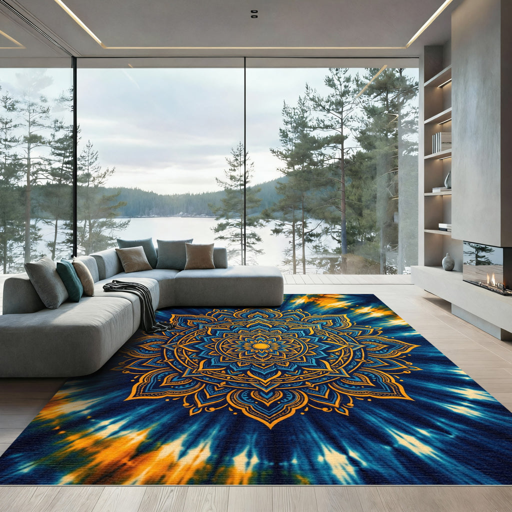 Blue Gold Intricate Mandala Tie Dye Rug