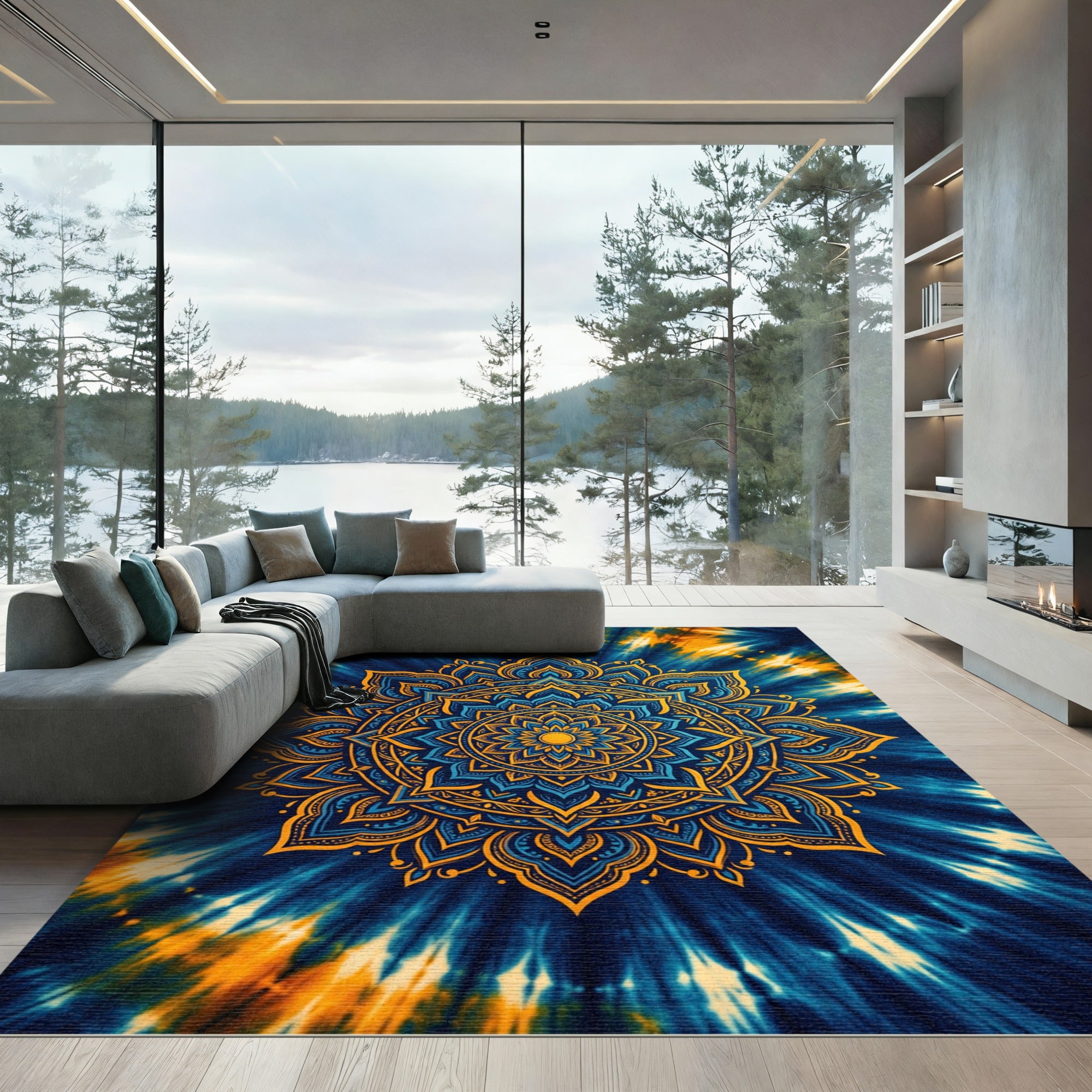 Blue Gold Intricate Mandala Tie Dye Rug