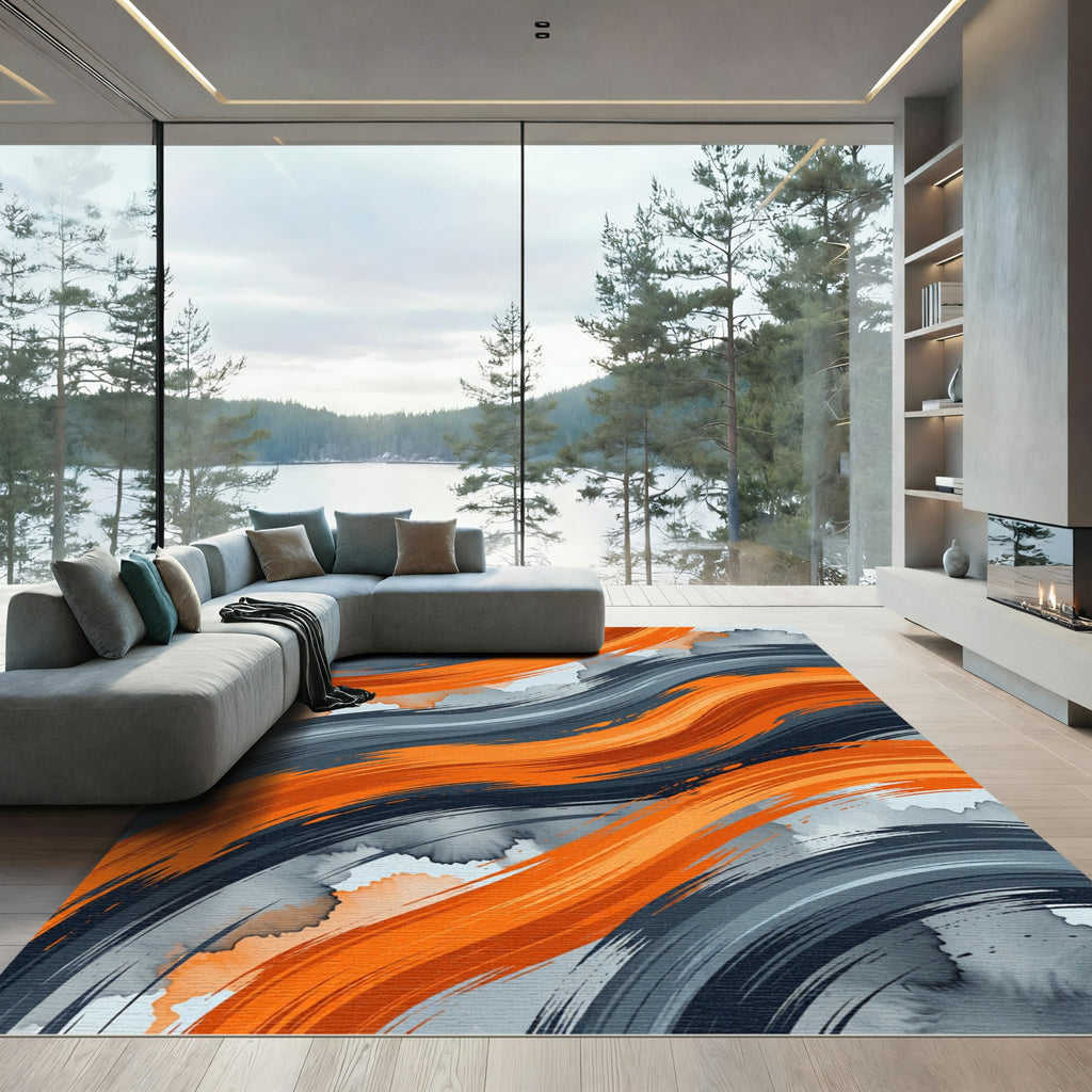 Abstract Orange and Charcoal Wave Rug