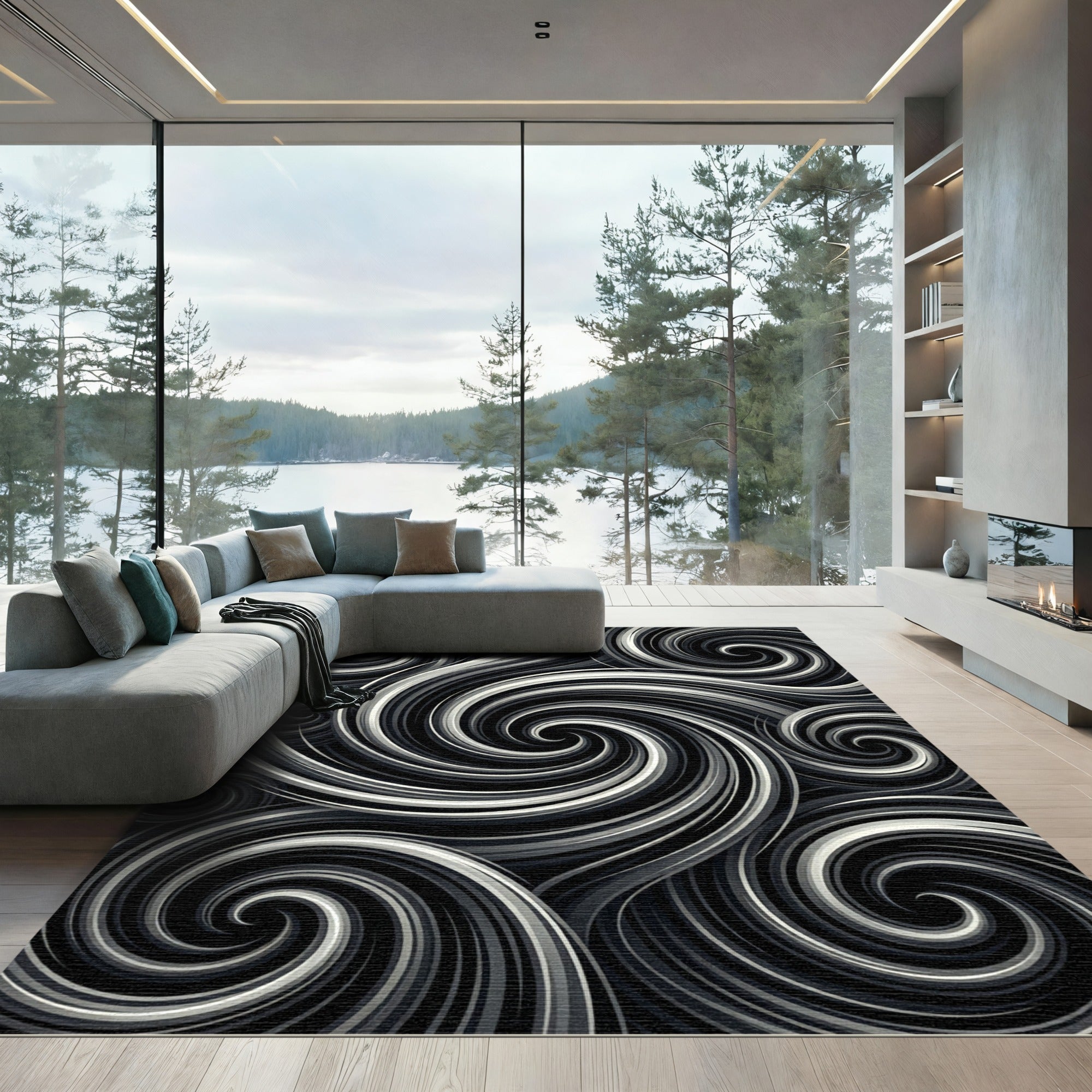 Monochrome Swirl Flow Rug
