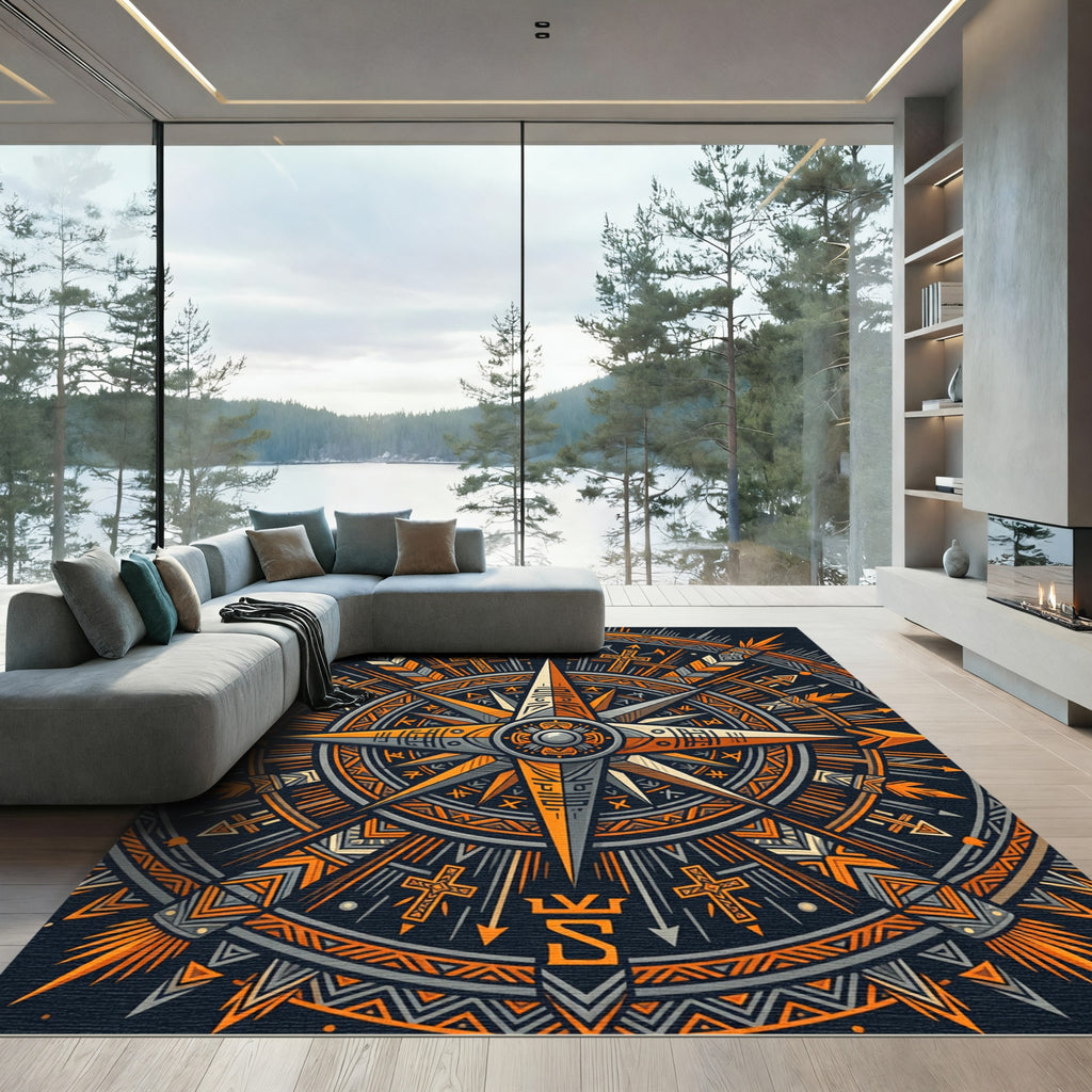Ornate Orange Charcoal Geometric Compass Rug