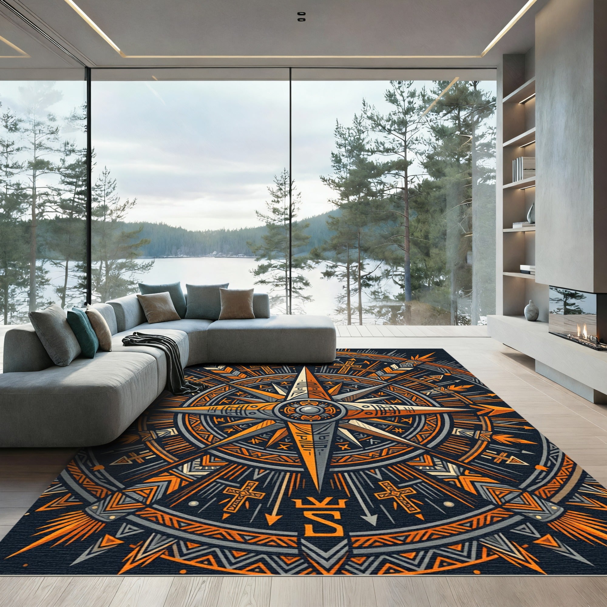 Ornate Orange Charcoal Geometric Compass Rug