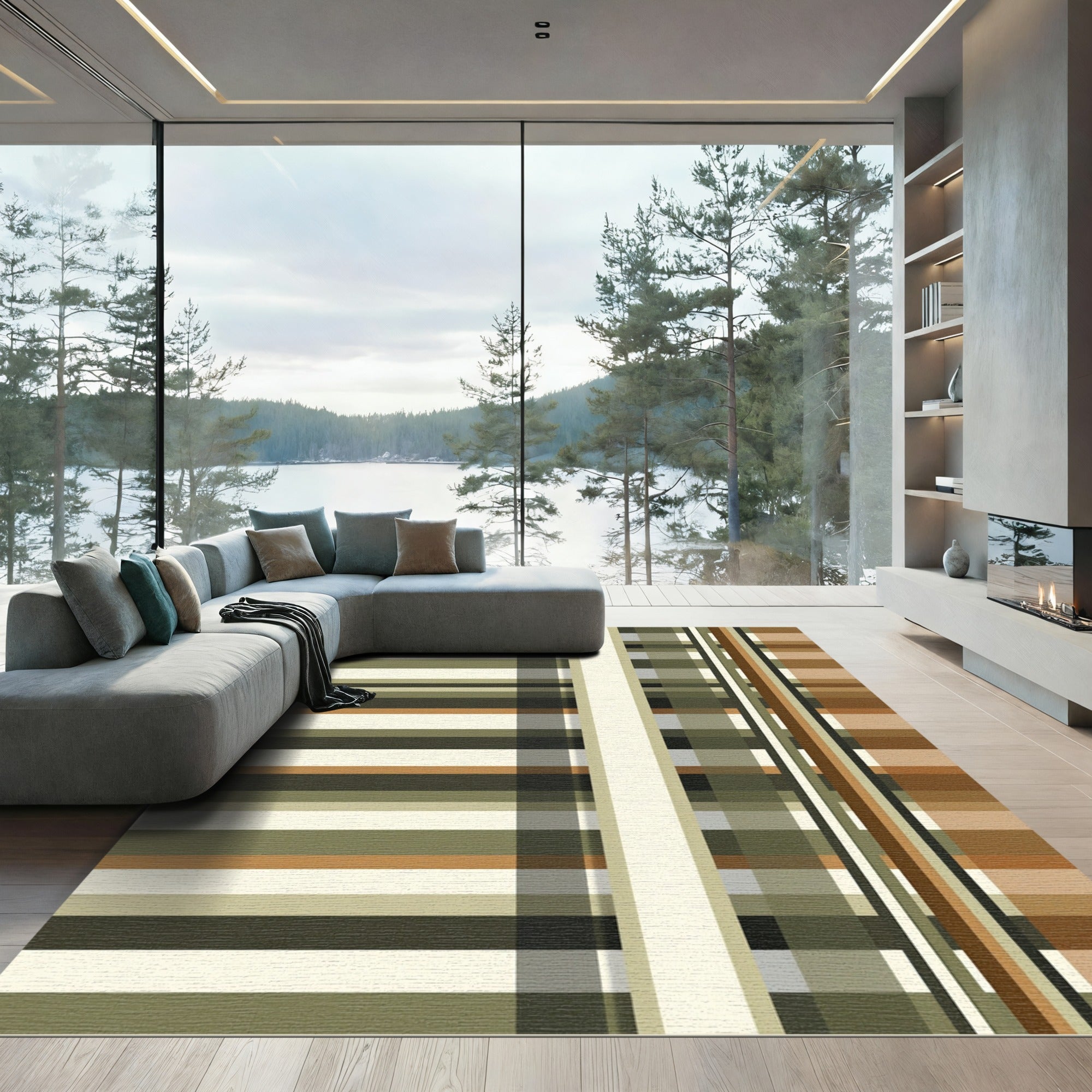 Modern Earthy Tone Linear Plaid Rug