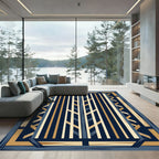 Navy Gold Rustic Wood Plaid Rug