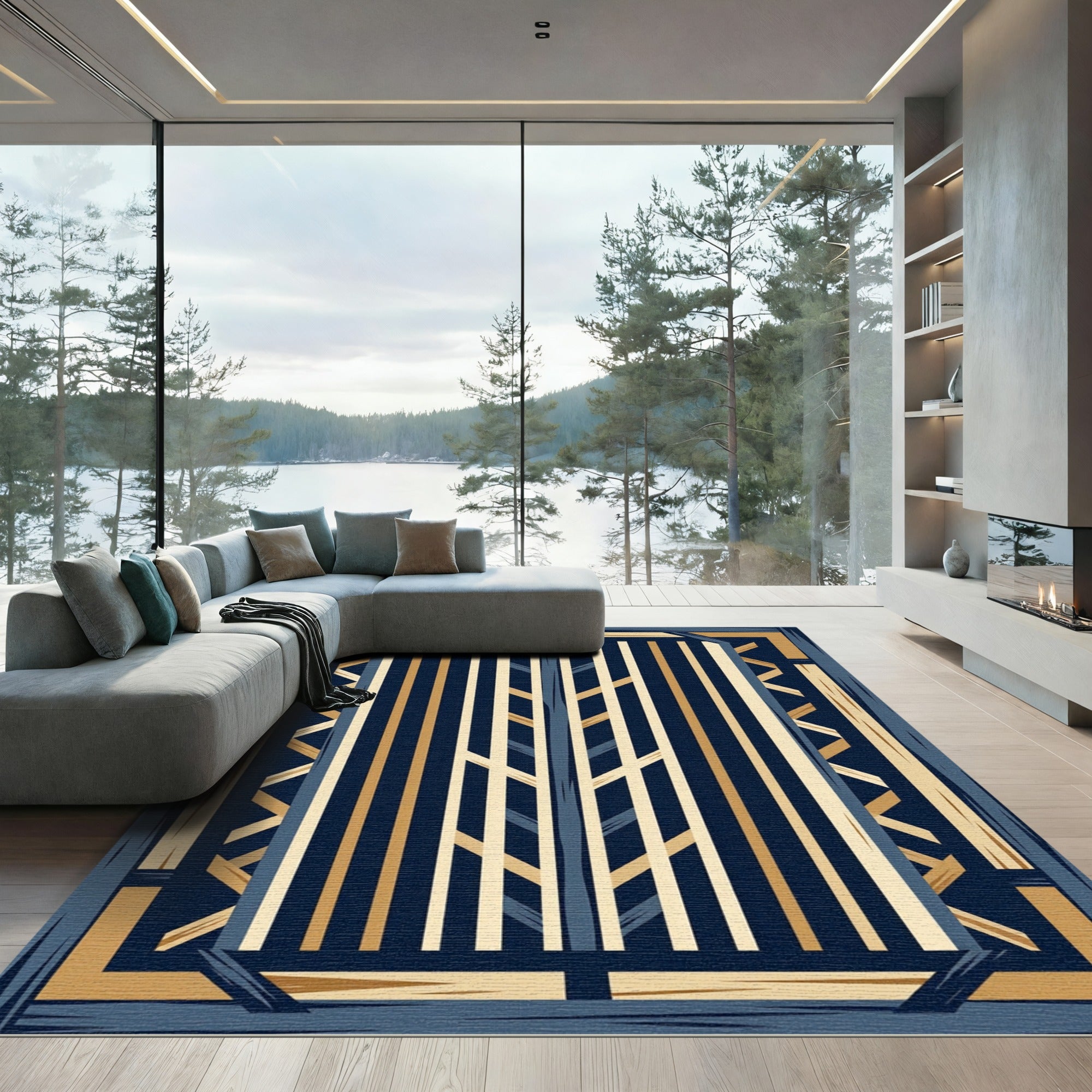 Navy Gold Rustic Wood Plaid Rug