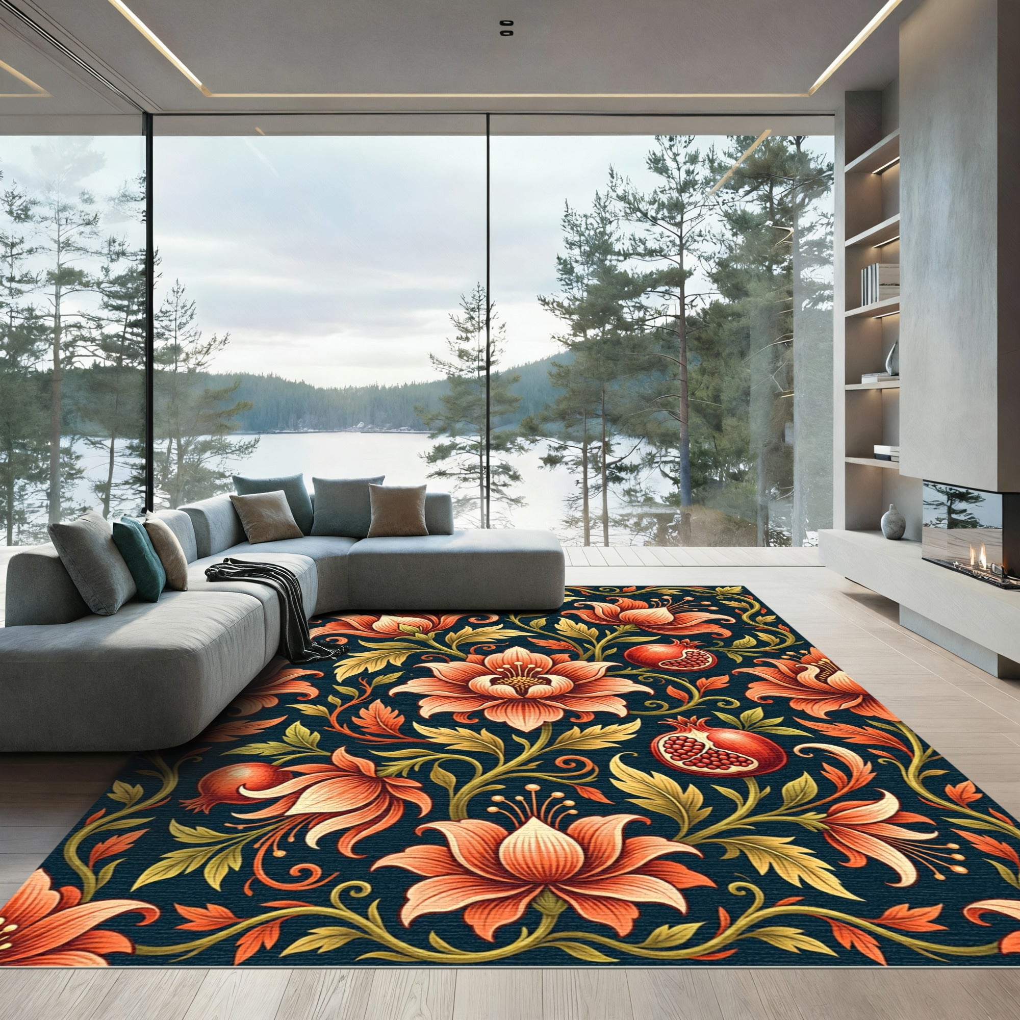 Elegant Crimson Lotus and Pomegranate Art Rug