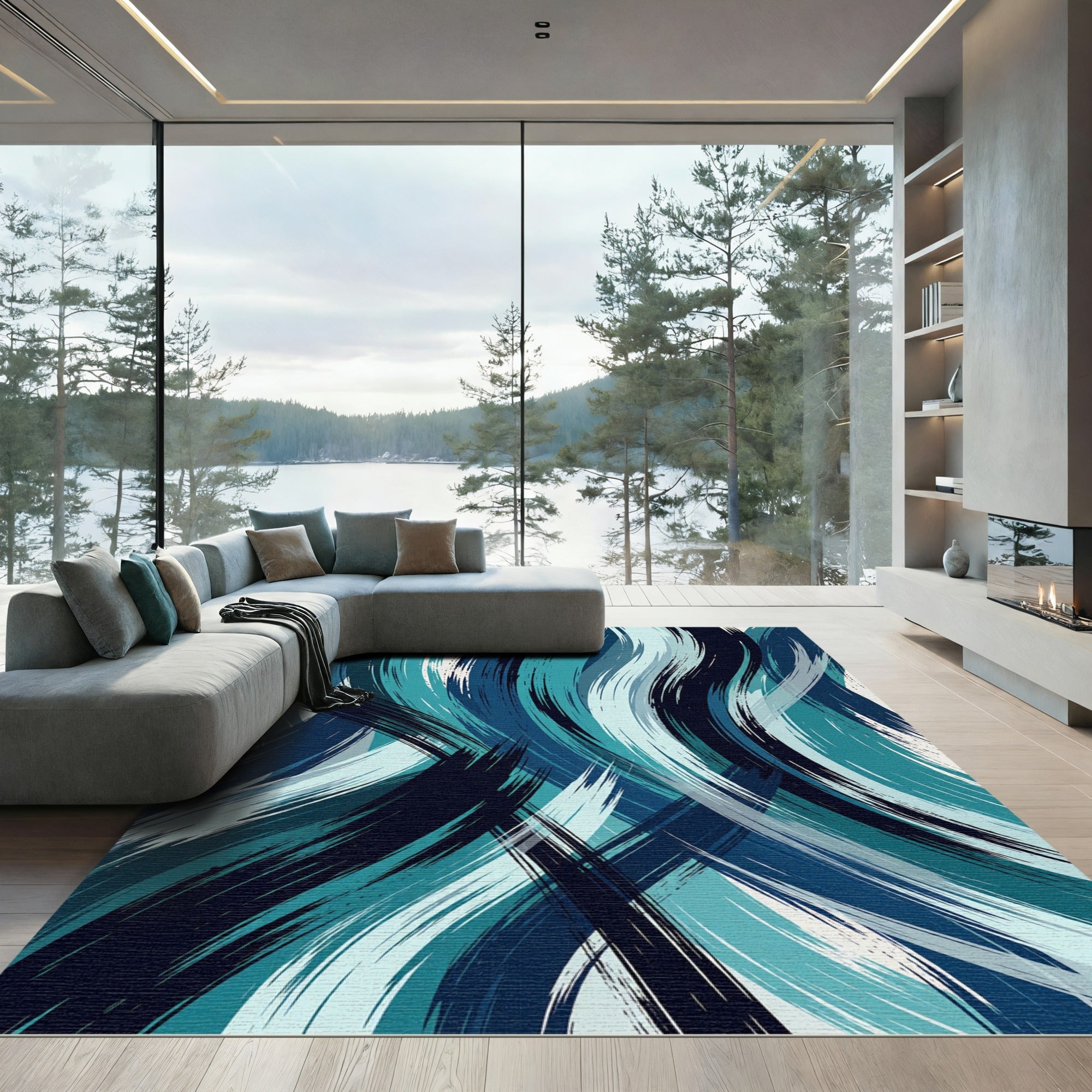 Abstract Blue And Teal Brushstroke Swirl Rug