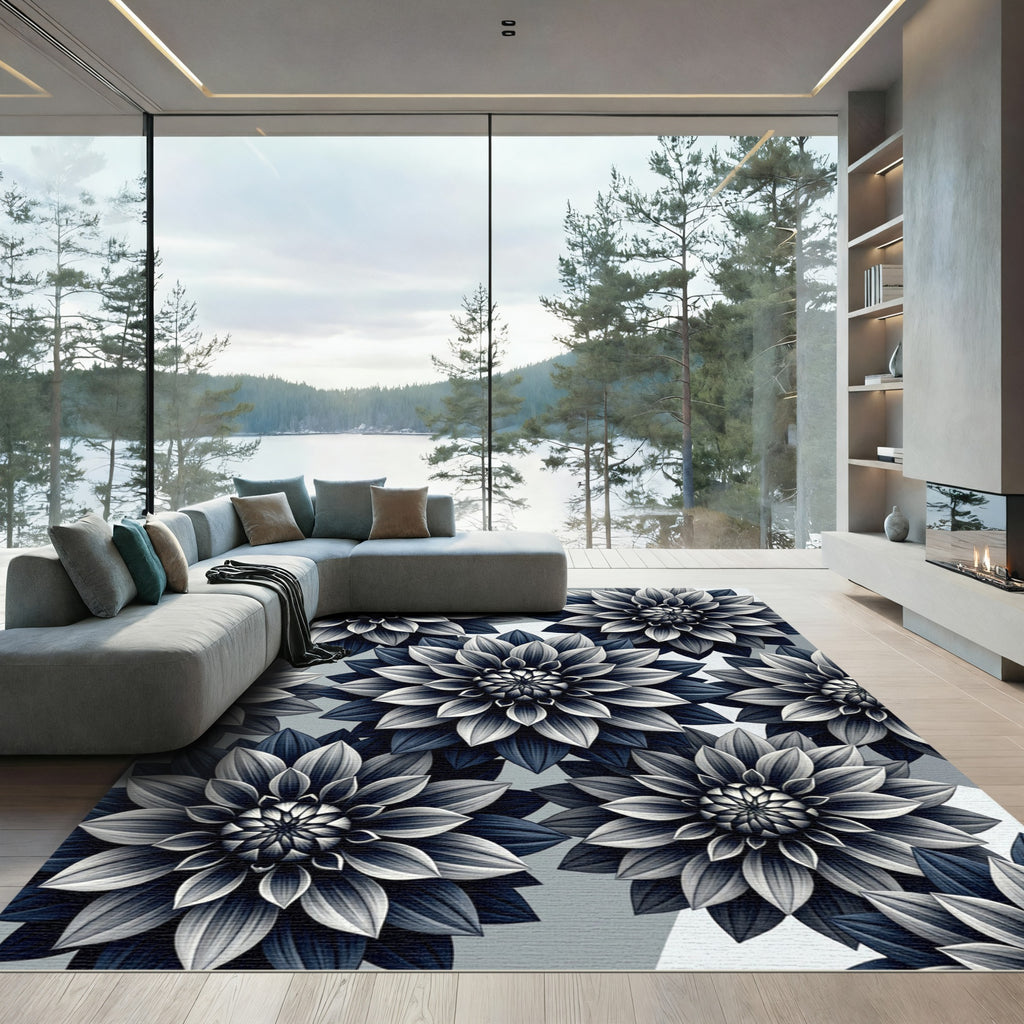 Monochromatic Floral Dahlia Botanical Art Rug