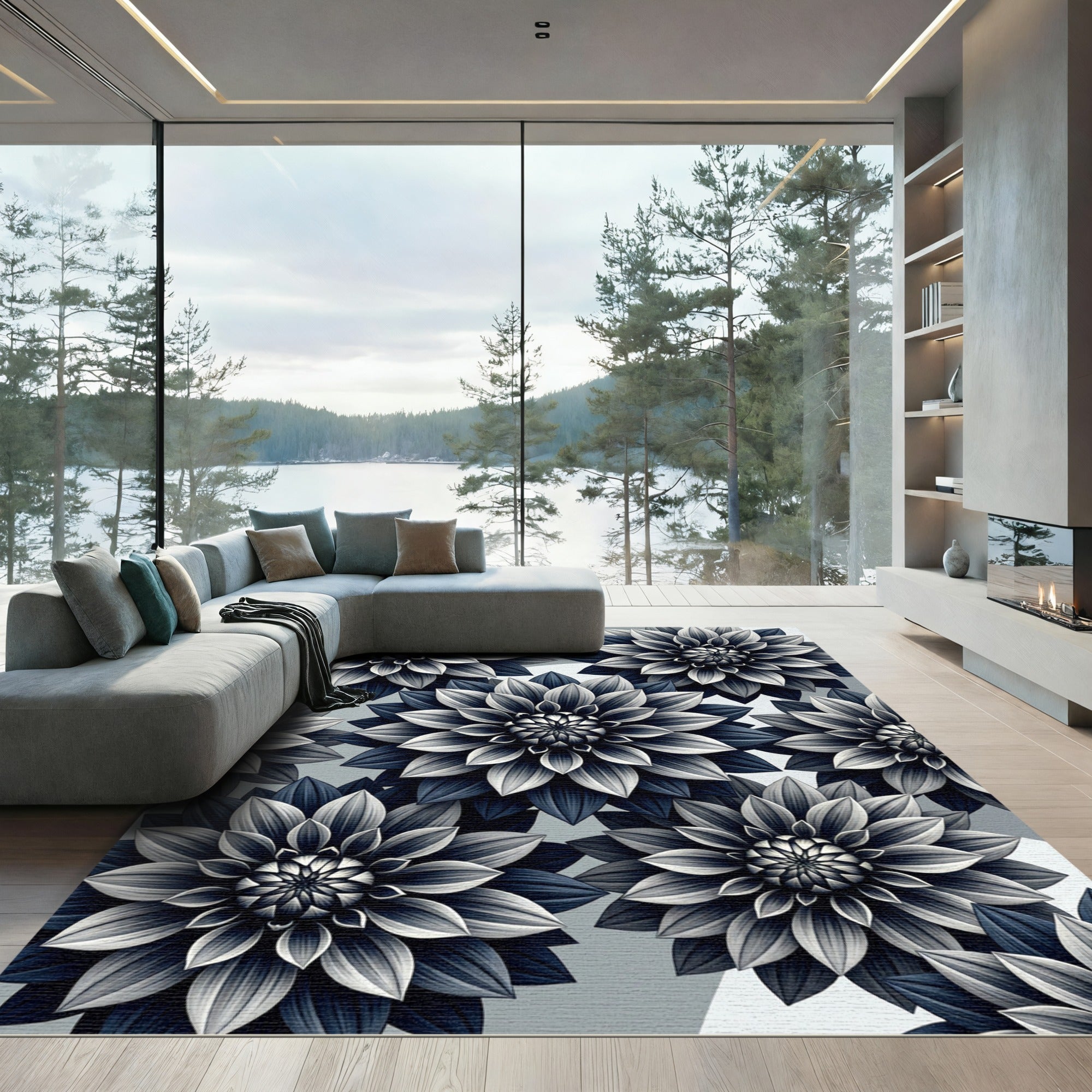 Monochromatic Floral Dahlia Botanical Art Rug