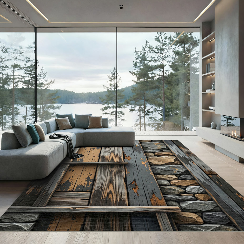 Rustic Hewn Wood Stone Inlay Rug